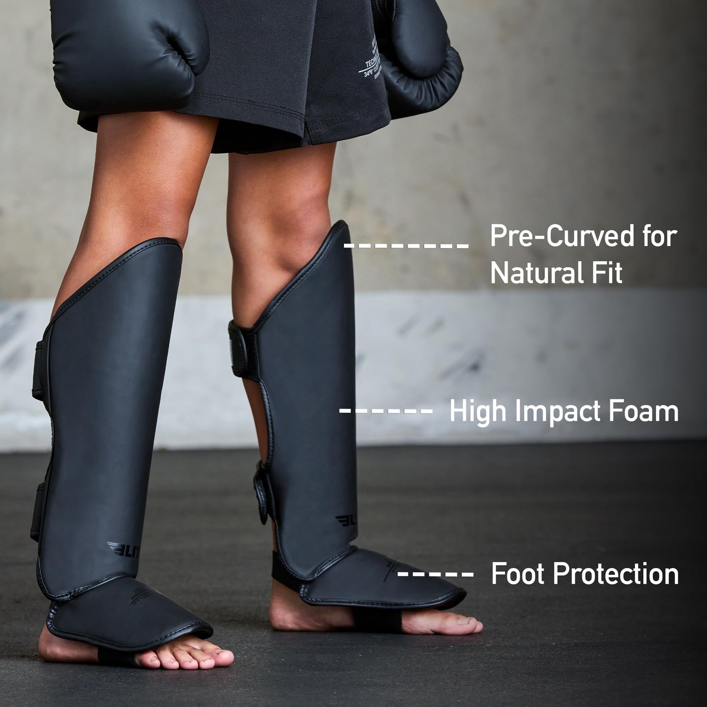 Elite Sports Muay Thai MMA Kickboxing Boys and Girls Shin Guards for Age 4 to 8 Years, Instep Guard Sparring Protective Leg Shin Kick Pads for Kids (Medium, Black)
