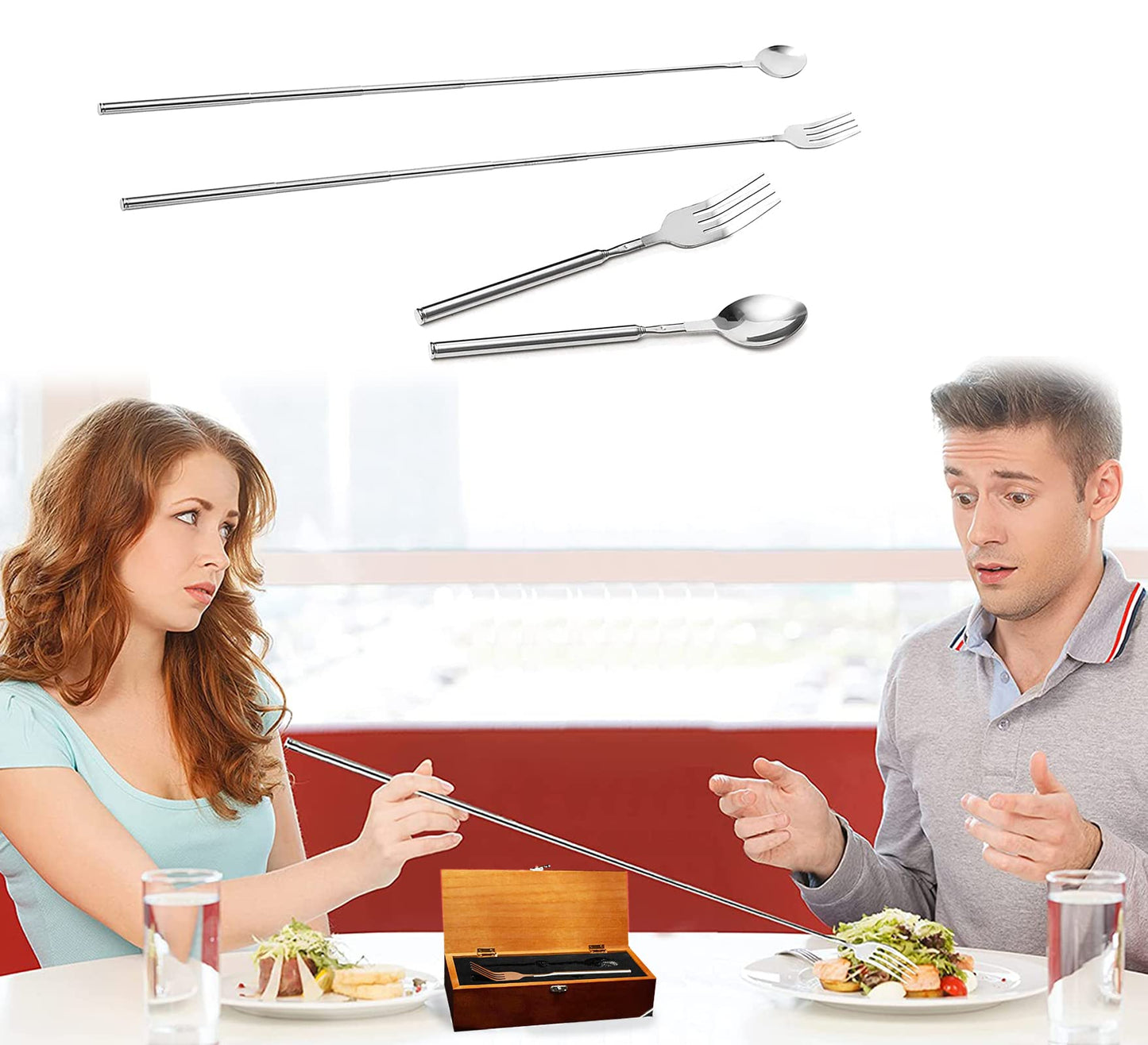 Funny Gag Gift Long Handle Extendable Fork & Spoon Set, Stocking Stuffer, Telescopic Extendable Dinner BBQ Stainless Steel Flatware Cutlery Dad, Fun Grilling Parties - Extends 25"!