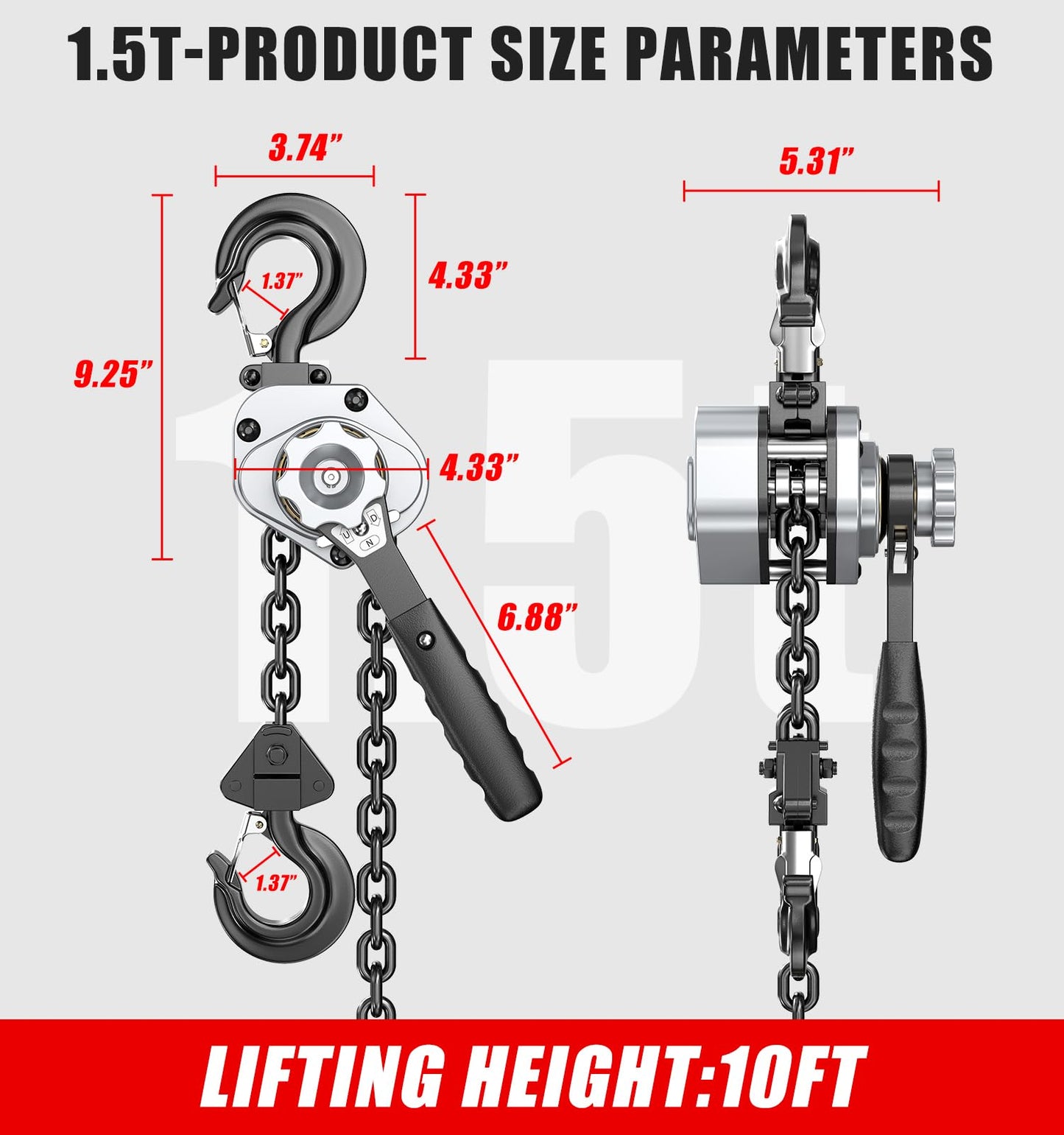 HUGOASIS Mini Lever Hoist 1-1/2 TON 3300 LBS Capacity 10FT Lift, Portable Aluminum Ratchet Chain Hoist with G80 Alloy Steel Chain, Dual Brake Hand Chain Puller for Lifting & Pulling,Silver