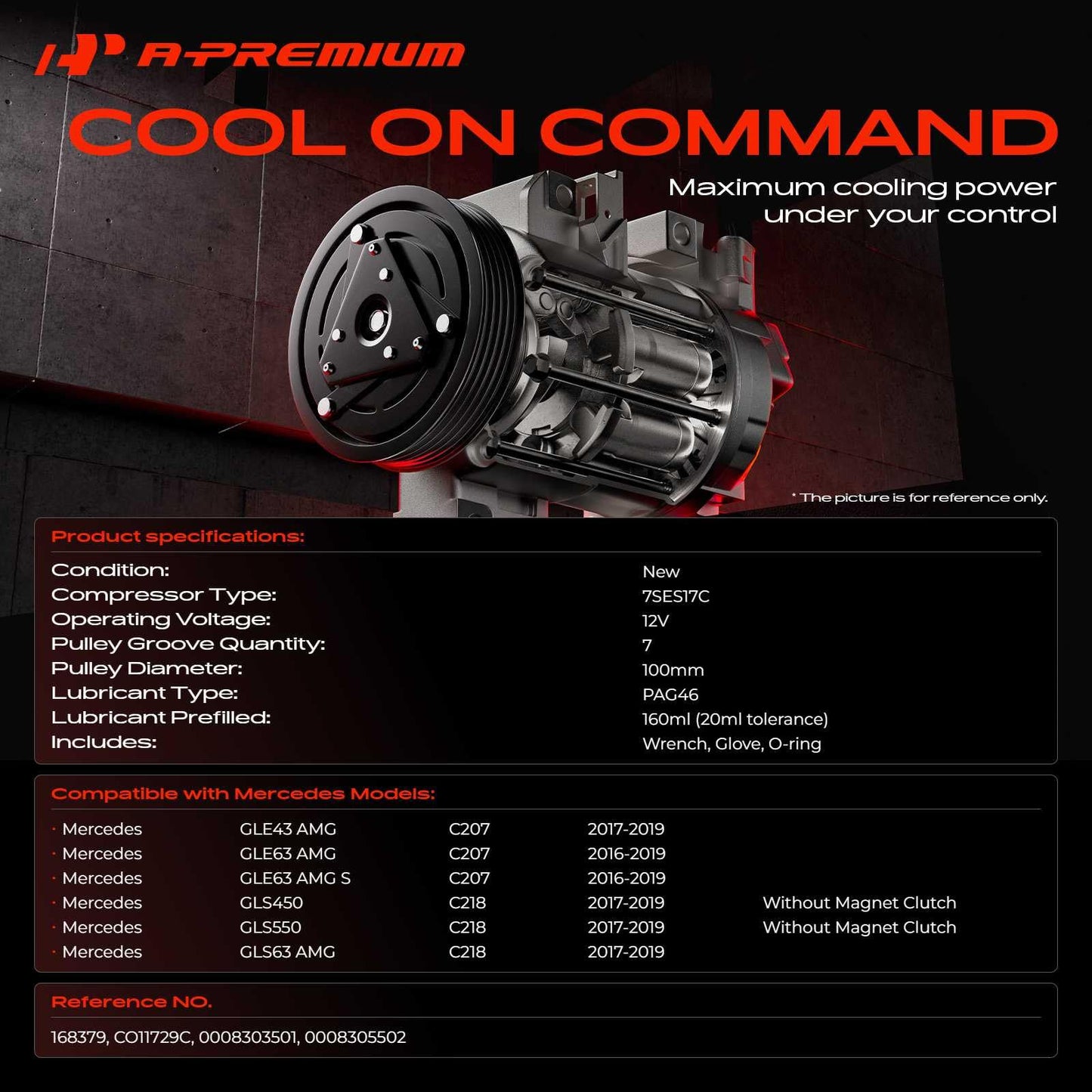 A-Premium Air Conditioner AC Compressor with Clutch Compatible with Mercedes GLE43 AMG GLS450 GLS550 GLS63 AMG, GLE63 AMG 2016-2019, 7 Grooves, 7SES17C Style