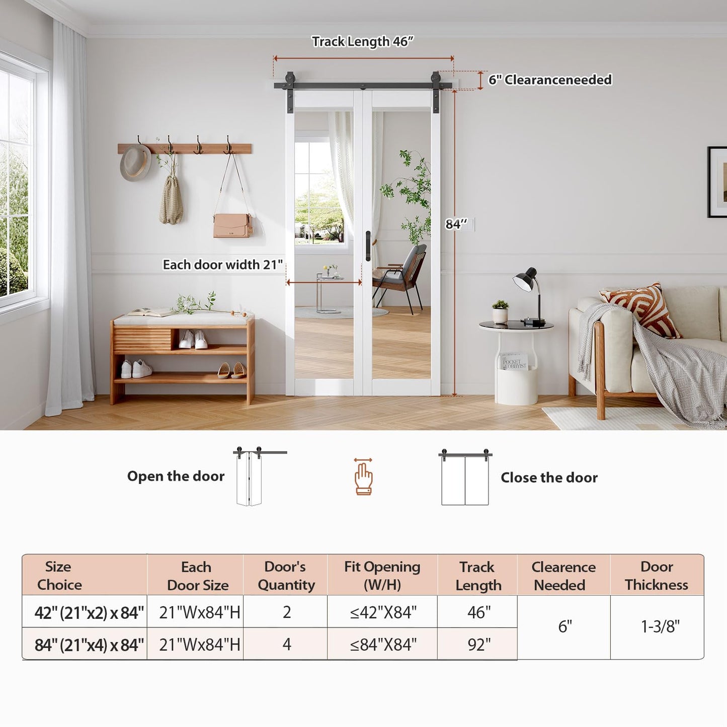 FREDBECK Preassembled Bifold Barn Door 42x84 (Double 21x84) with 1 Lites Mirror,Bi-fold Closet Doors Hardware Kit Included,46" Track for 2 Doors, PVC, White,for Living Room, Bathrooms, Kicthen