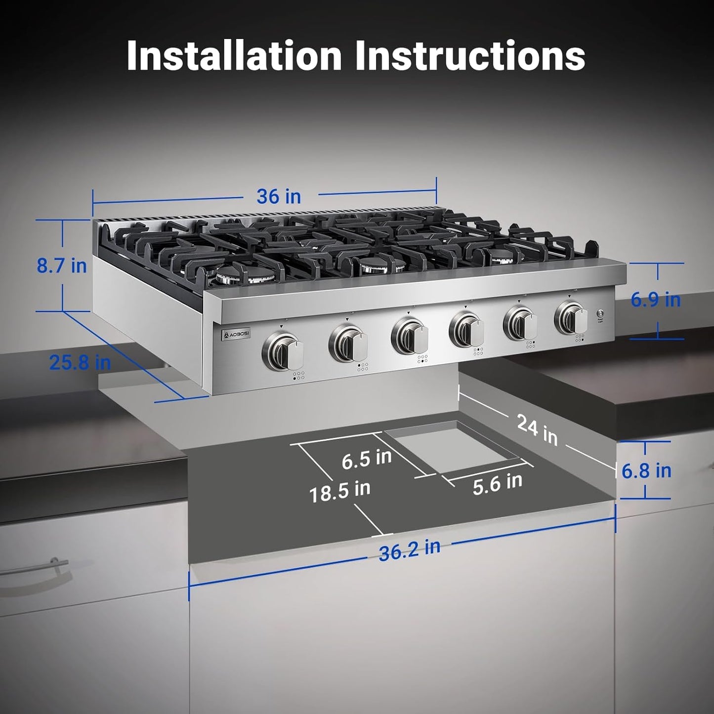 AAOBOSI 36 inch Gas Cooktop, Freestanding Range Commercial Cooktops, Built-in Propane Stoves Top NG/LPG Switch, Cast Iron Stove Top Covers for with 6 Gas Burners for Cooking, Grilling