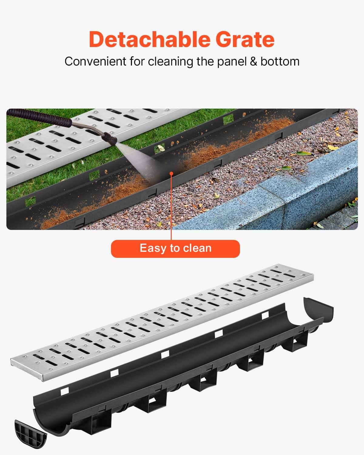 VEVOR Trench Drain System 5 Pack, Channel Drain with Metal Grate 5.7 x 3.1 in HDPE Drainage Trench, Black Plastic Garage Floor Waterway 5 x 39 in with 5 End Caps for Garden Driveway