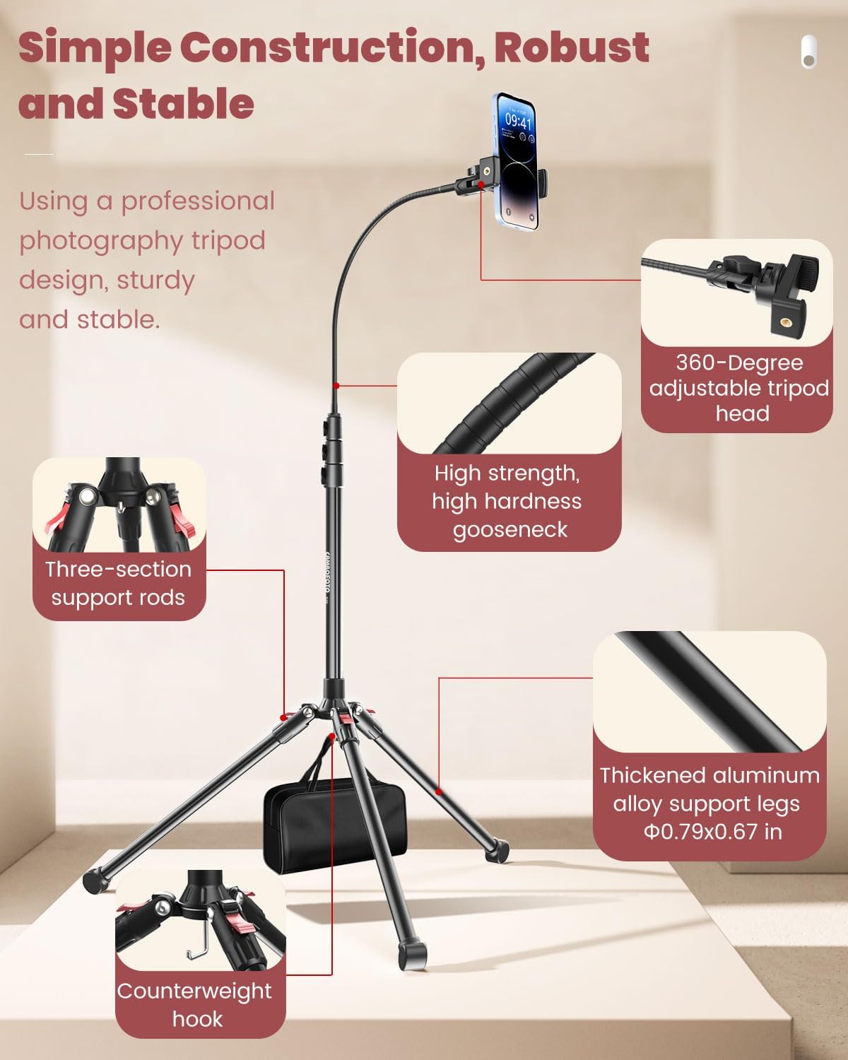 CAMBOFOTO 87" 15.7" 360 Phone Tripod, Overhead Flexible Tall Tripod Stand with Remote, Selfie Stick, Compatible