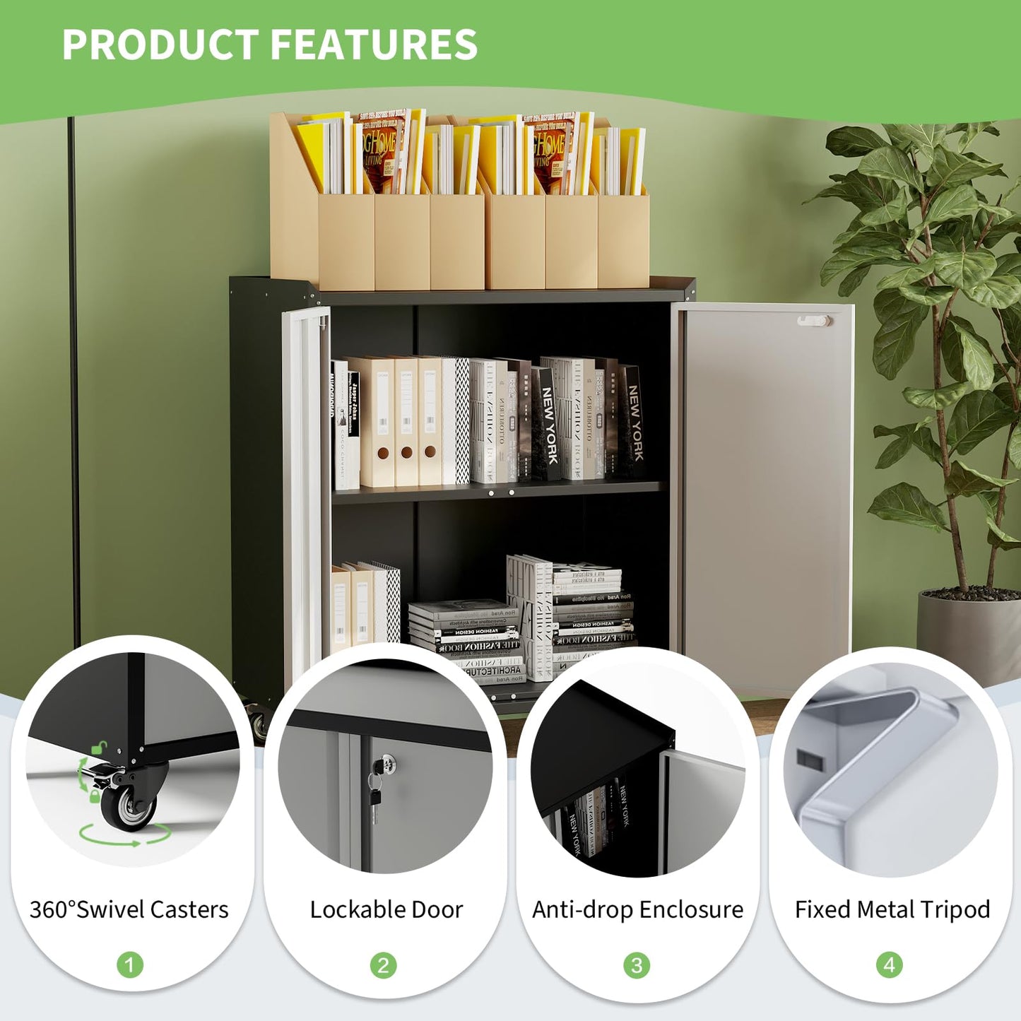 GAOMON 35" H Metal Locking Cabinet with Door, Garage Storage Cabinet with Adjustable Shelves, Rolling Lockable Steel Cabinets with Wheels & Desktop, Tool Cabinets for for Garden Office Home - Grey