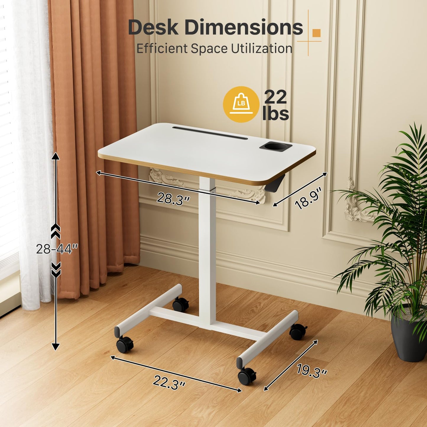 Liftsync Mobile Standing Desk, Rolling Laptop Cart Adjustable Height with Cup Holder, 28 inch Portable Table with 4 Lockable Wheels, White Computer Workstation with Hook and Slots for Home Office