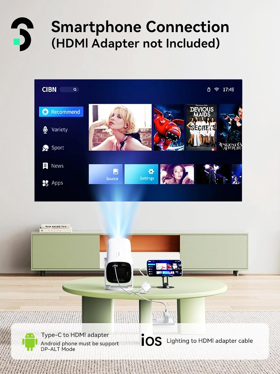 SOOMFON 1080P 5.1 Mini Projector Support - Portable Small Video Movie Projector Bluetooth Auto Keystone Electric Focus