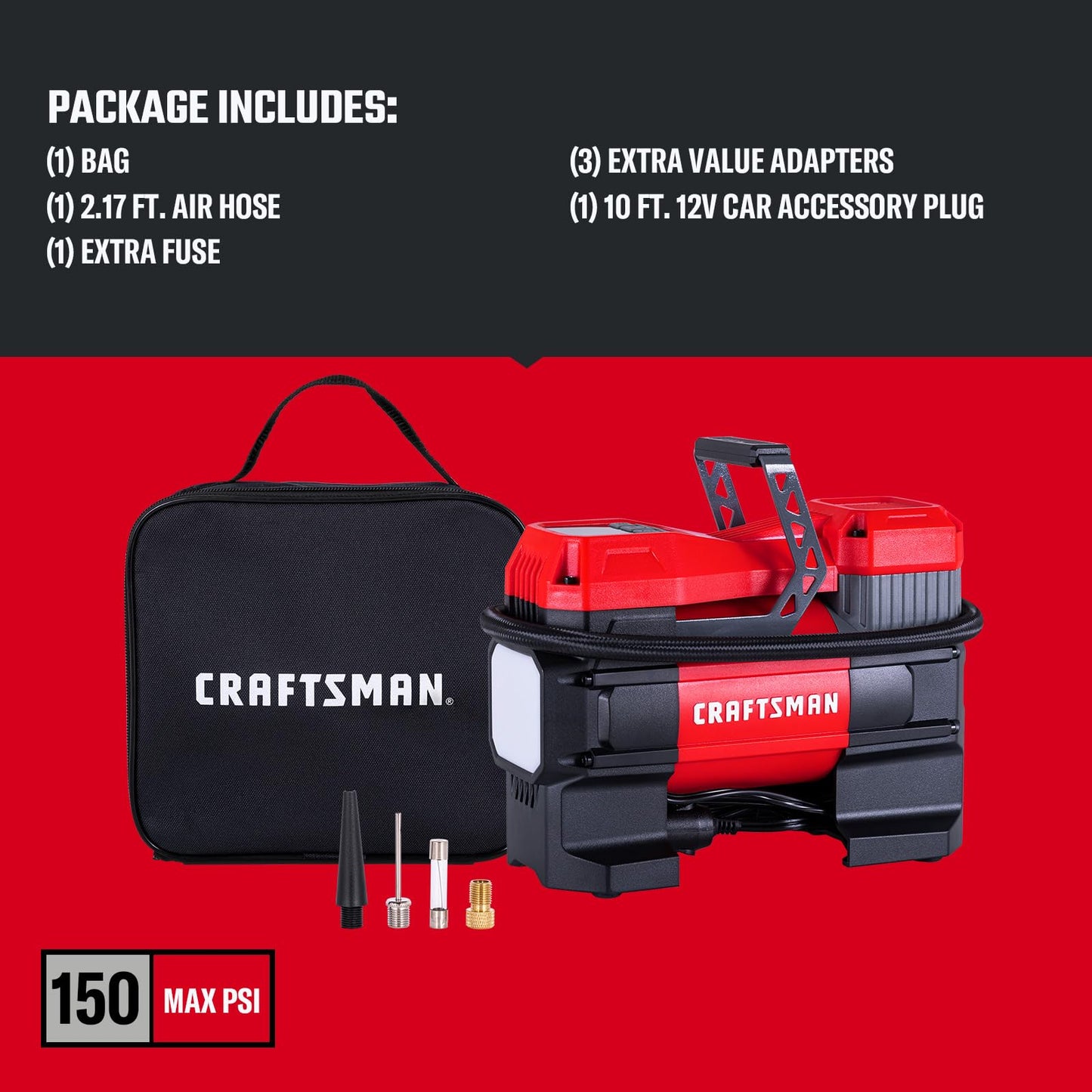 CRAFTSMAN 12V Tire Inflator Portable Air Compressor, Up to 150 PSI with Digital Gauge & Auto Shut-Off, LED Light, 12V DC Car Plug Compact Air Pump for Car Tires, Bikes & Sports