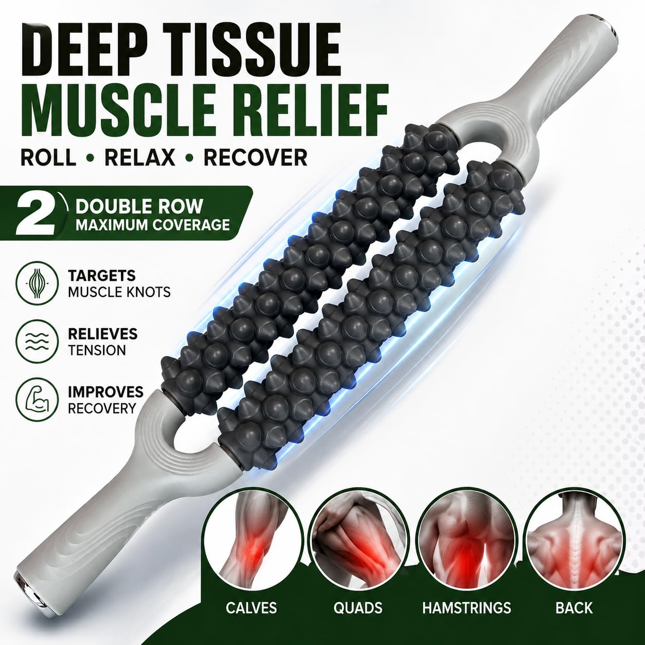 Muscle Roller Stick, Double Row Deep Tissue Massage Stick for Muscle Recovery, Portable Massage Roller for Legs, Calves & Back, Trigger Point Therapy for Athletes & Runners