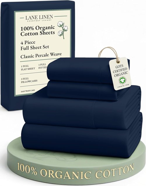 LANE LINEN Eco-Friendly 100% Organic Cotton Full Sheet Set - Soft, Fade-Resistant, Naturally Cooling, Navy