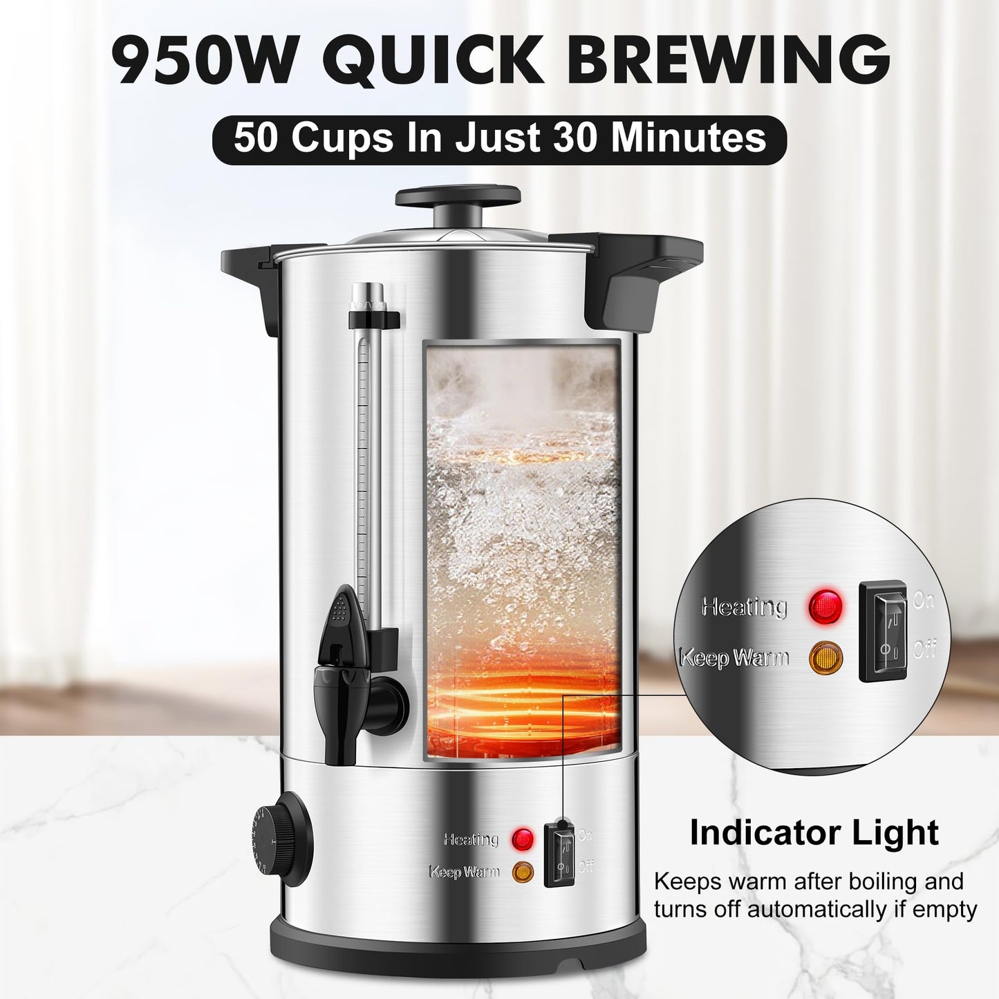 Rigstne Commercial Coffee Urn 50 Cup - Large Coffee Maker Machine, Hot Beverage Coffee Percolator Dispenser With Double Wall Stainless Steel, Water Urn for Event, Quick Brew, Temperature Control(8L)
