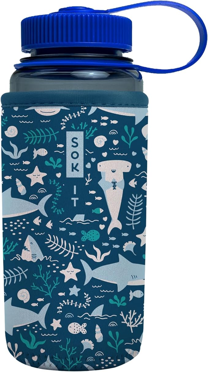 Sok It BotlSok Water Bottle Sleeve Insulated Neoprene Cover (Happy Sharks, Fits 16oz CamelBak or Nalgene)