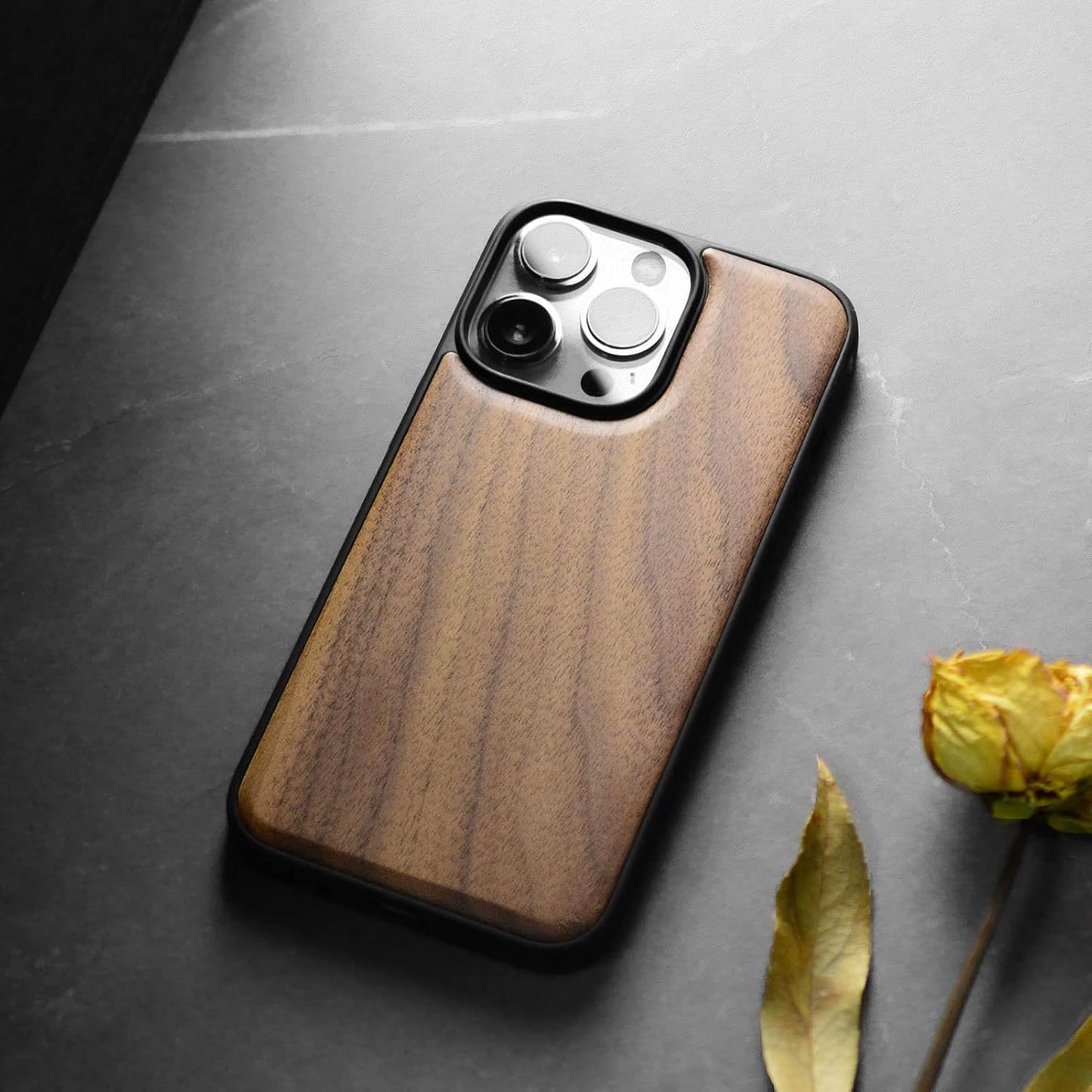 Carveit 14 Magnetic Wood Case for iPhone Pro - Natural Wood & Black Soft TPU - Shockproof Protective Cover - Unique