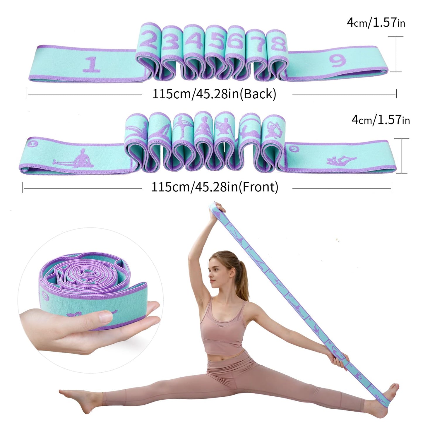Yoga Strap with 9 Loops, Elastic Stretching Band for Pilates, Dance, Ballet & Flexibility Training, Pose Guide Pattern for Beginners, Adjustable Stretch Strap for Hamstring, Leg & Back Stretch (Blue)