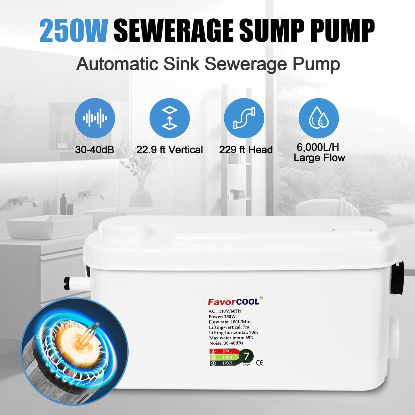 FavorCOOL Macerator Pump Sink Sewerage Pump, 250W Utility Sink Pump Upflush to 22.9ft/7 m with 3 Water Inlets for for Basement, Kitchen, Sink, Shower, Bathtub, Laundry