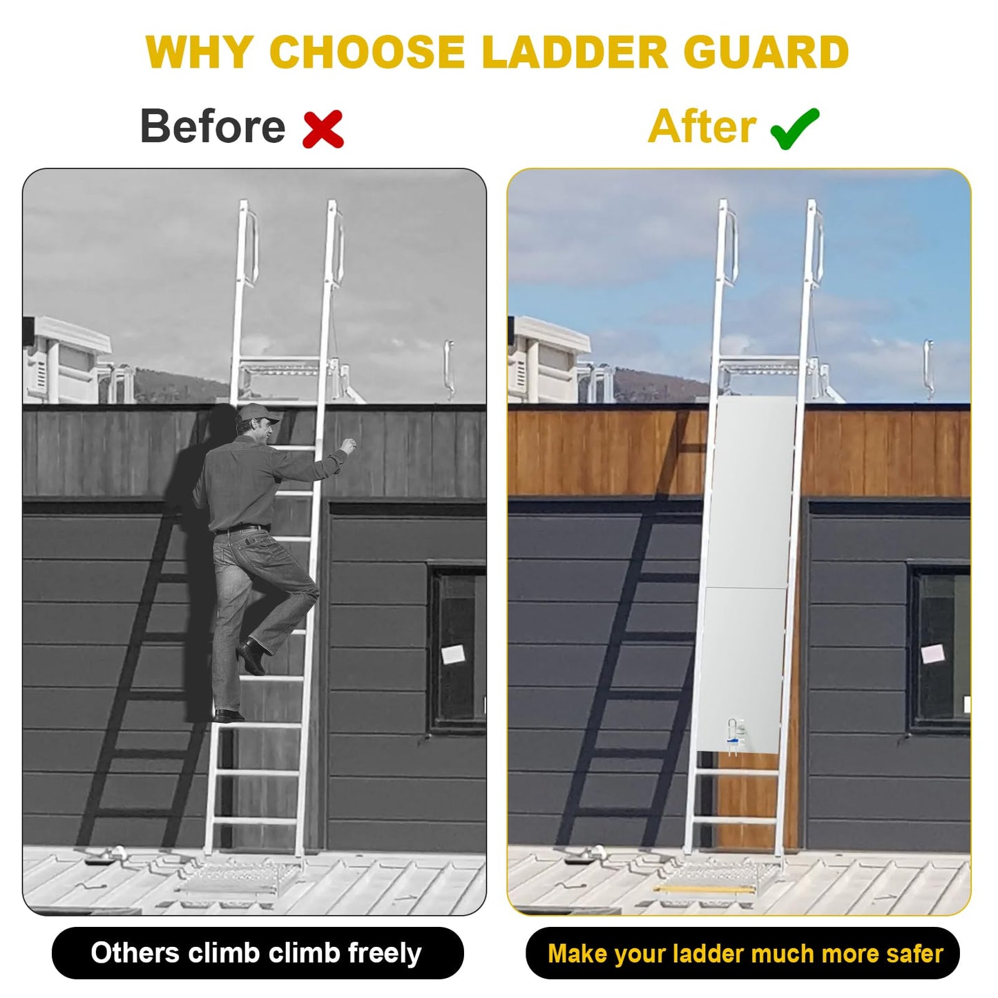 HomiShare Fixed Ladder Safety Guard, Tool-Free Install for 16"-19.25" Rungs, Anti-Theft & Weatherproof with Padlock