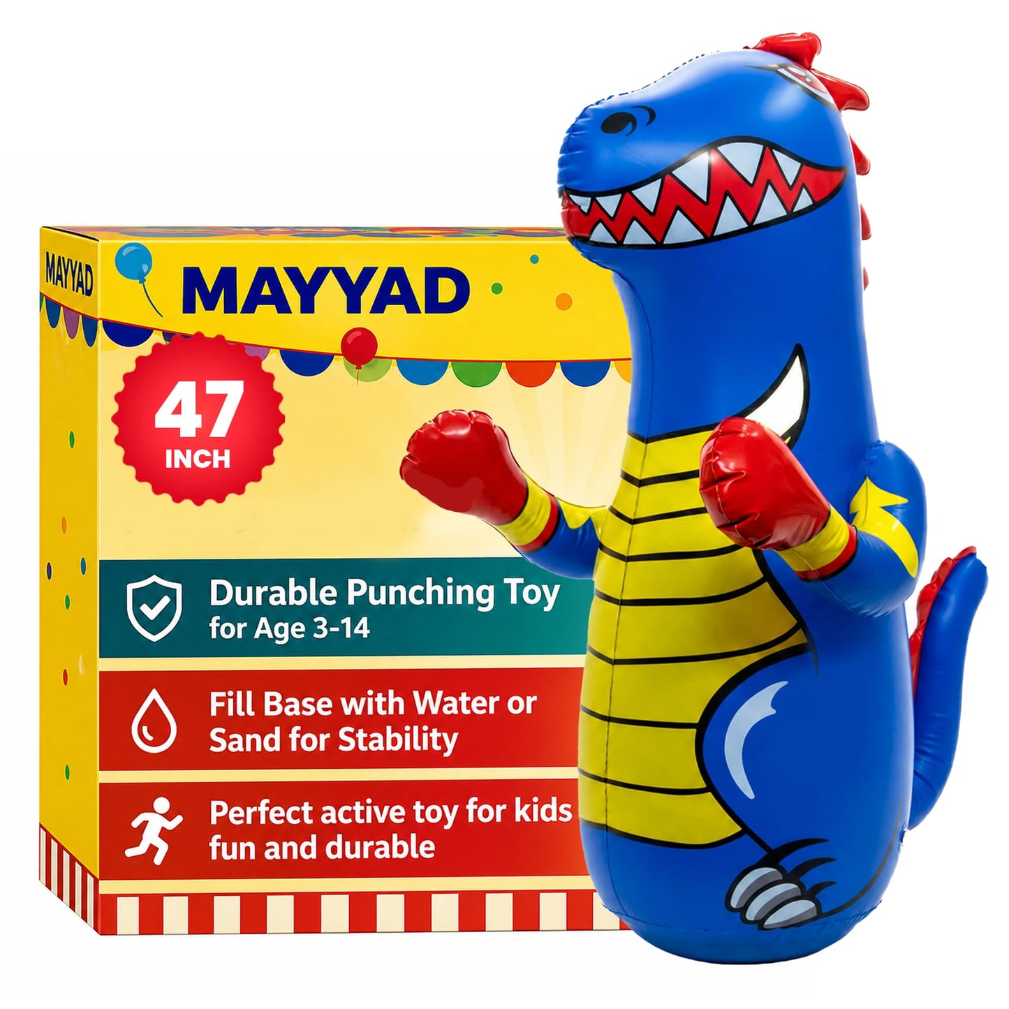 Inflatable Punching Bag for Kids - Blue, 47 Inch - Dinosaur Bop Bag Toy with Fast Bounce Back Action - Durable Punching Toy - Fill Base with Water or Sand for Stability - Ages 3-14