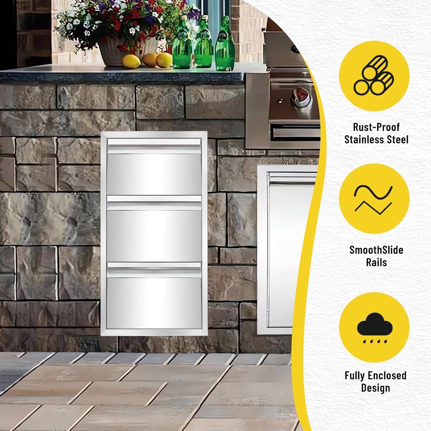 yuxiangBBQ Outdoor Kitchen Drawer, Stainless Steel Tilting Paper Towel Holder Drawer Plus Double Drawers Combination, 17W 30H 21D Double Wall Outdoor Kitchen Drawers