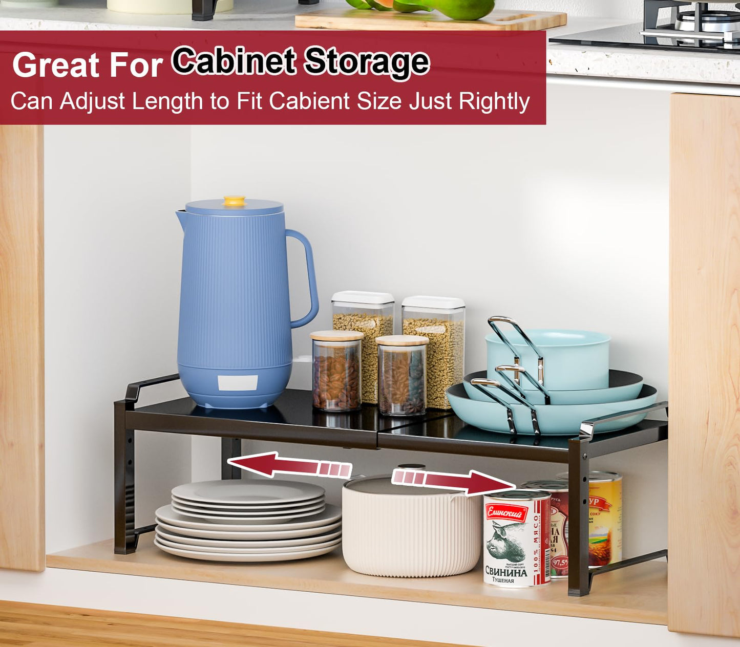 X-cosrack 12" Wide 100LBS Loading-Bearing Heavy Duty Kitchen Storage Shelf, Expandable Cabinet Shelf Organizer, Stackable Adjustable Storage Shelves for Kitchen Cabinet Cupboard Pantry Counter