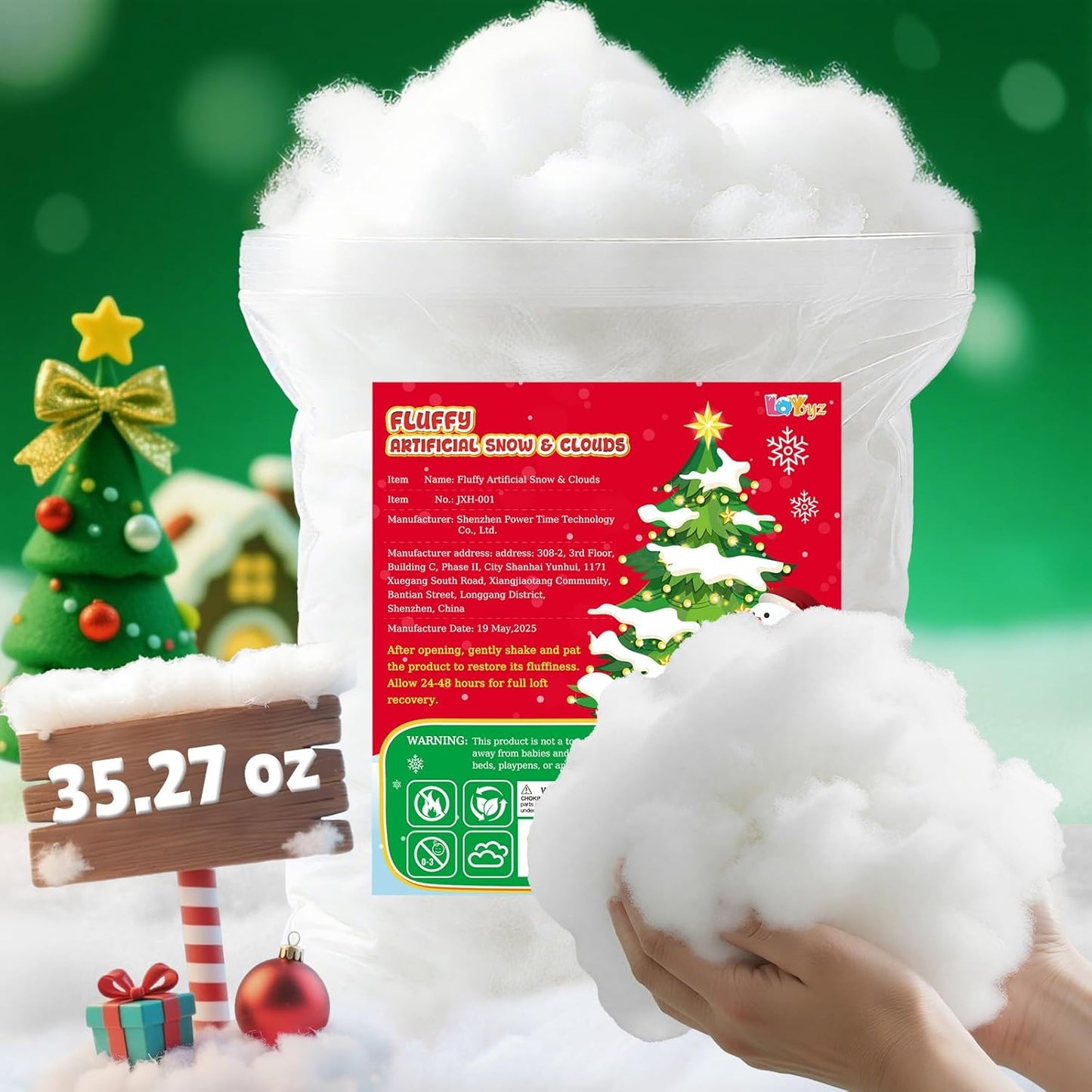 Skiennix Fluffy Fake Snow | 35.27oz Cotton Artificial Snow for Christmas Decor & Village