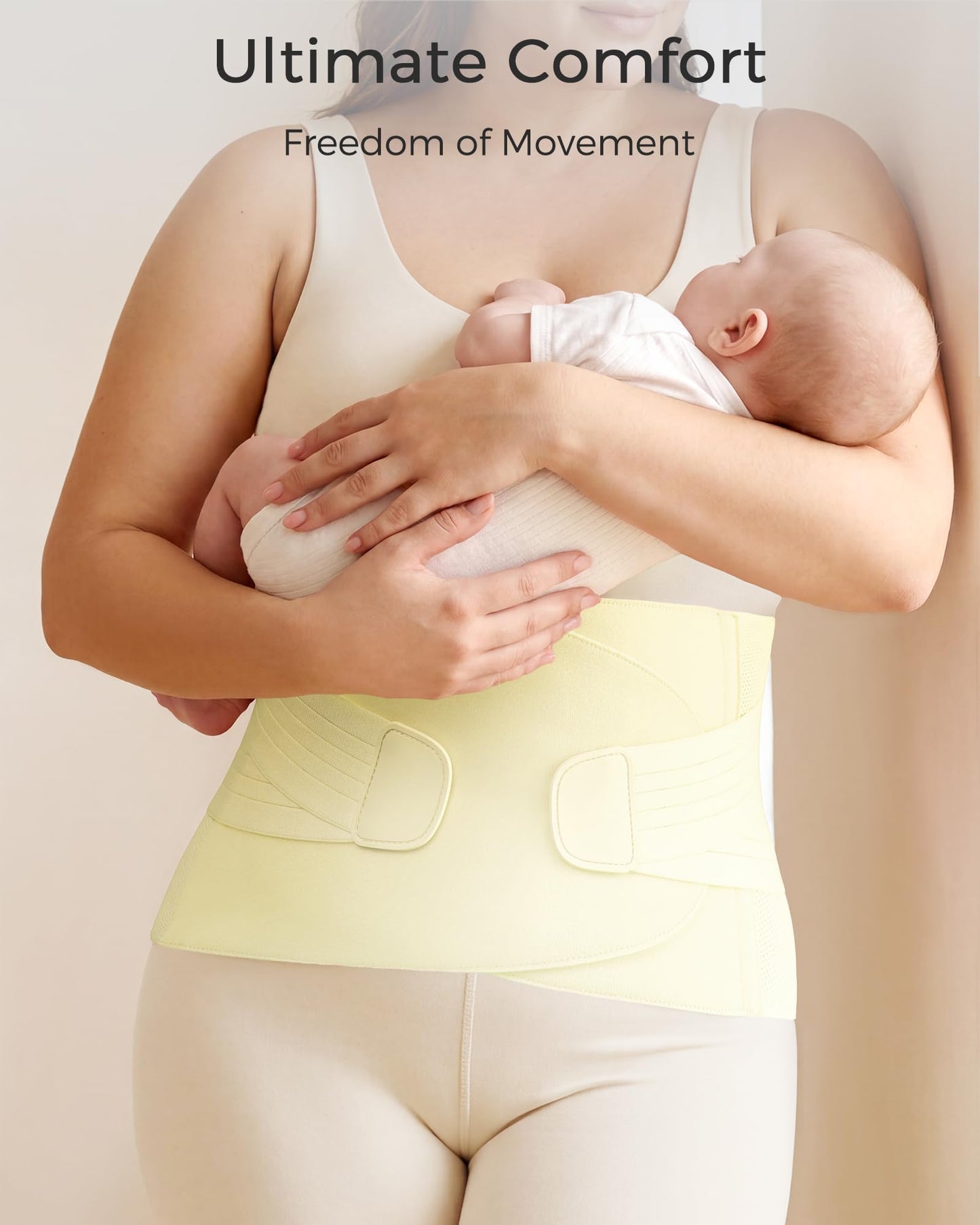 FREETOO Abdominal Binder for Women,Postpartum Belly Band Wrap for C-Section Recovery,Belly Binder Post Partum with Adjustable Compression,Soft Postpartum Belt with Ergonomical Back Support,XS,Cream