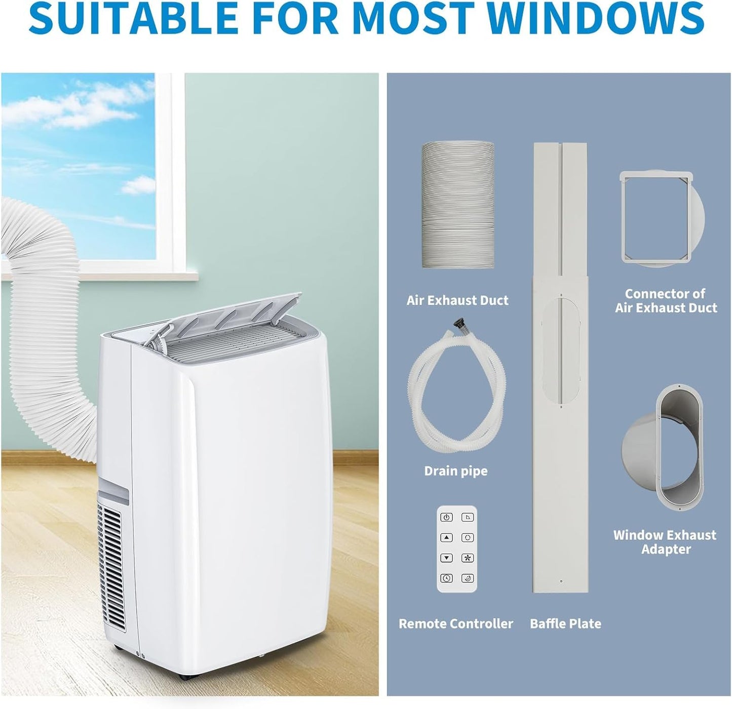 Portable Air Conditioners 14,000 BTU, Portable AC Unit for Bedroom and Office, 400m³/h Cooling for 750 Sq. Ft, Drain-Free Technology with 75-Pint Dehumidification, Includes Remote & Mount Kit, White