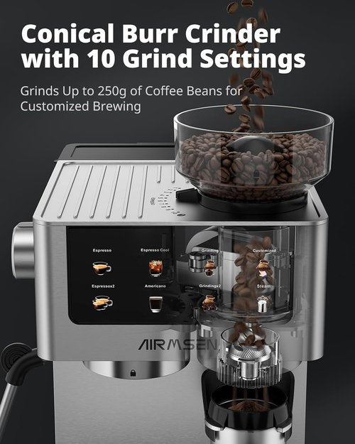 AIRMSEN Espresso Machine - 20 Bar Coffee Maker with Burr Grinder & Milk Frother | Stainless Steel for Home Use