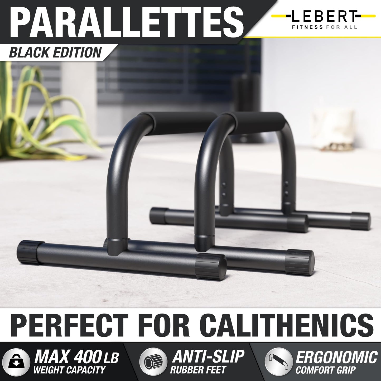 Lebert Fitness Parallette Bars Black – Push Up & Dip Bars for Calisthenics, Bodyweight Training, L-Sits & Handstands – Heavy Duty Steel with Non-Slip Foam Grips