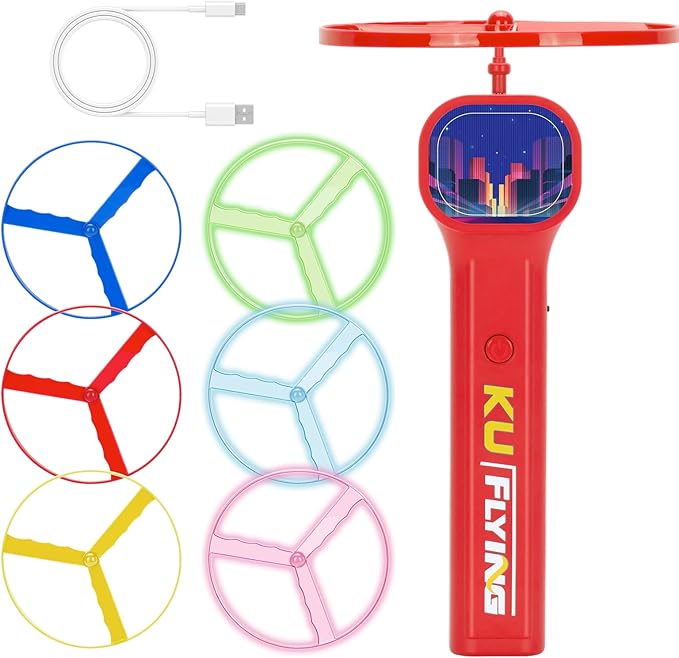 Rechargeable Disc Launcher with 6 Flying Spinners for Outdoor Activities Game White Elephant Gift Fidget Toys (Red)