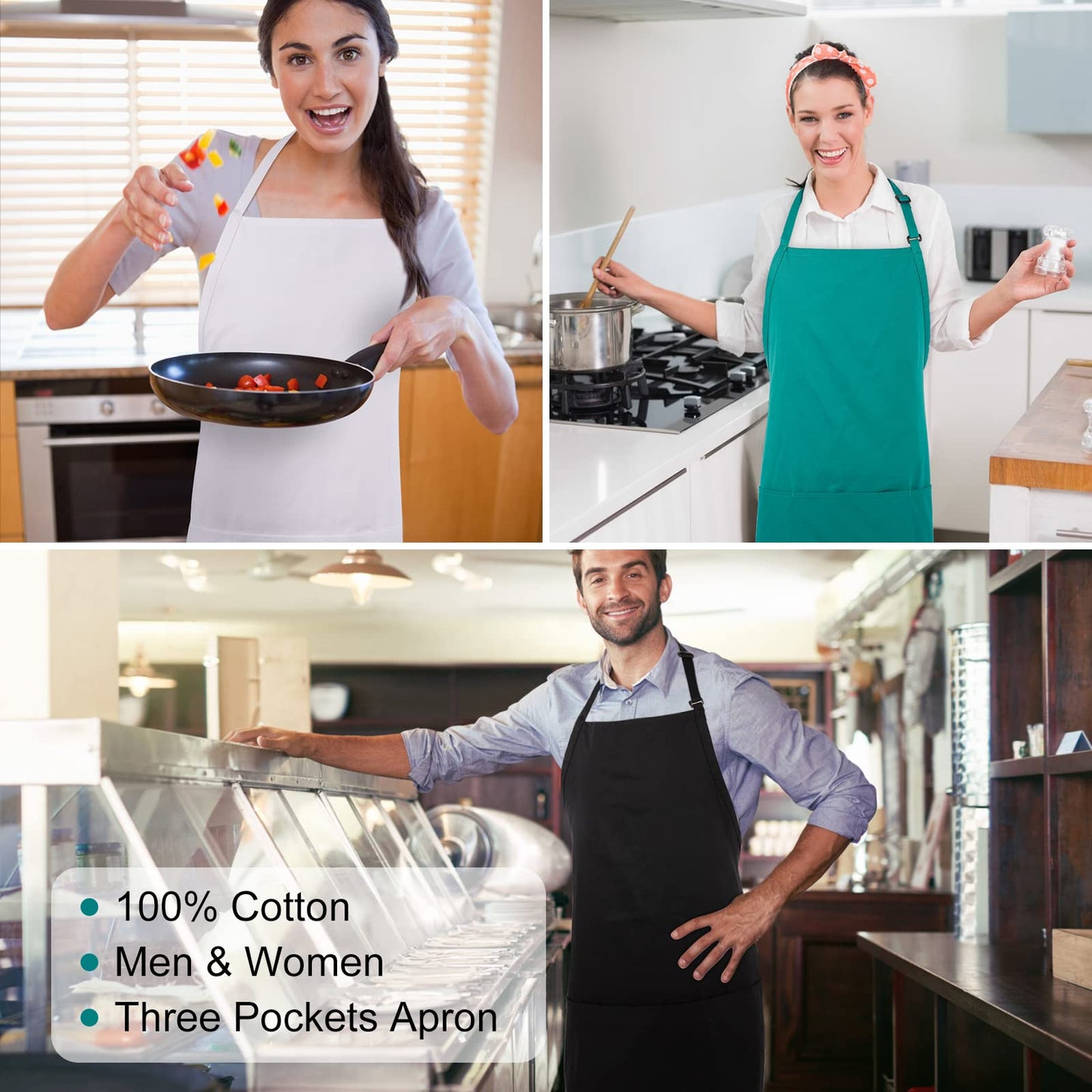 Jubatus 2 Pack 3 Pockets 100% Cotton Adjustable Bib Apron Chef Kitchen Cooking Aprons for Women Men, Black
