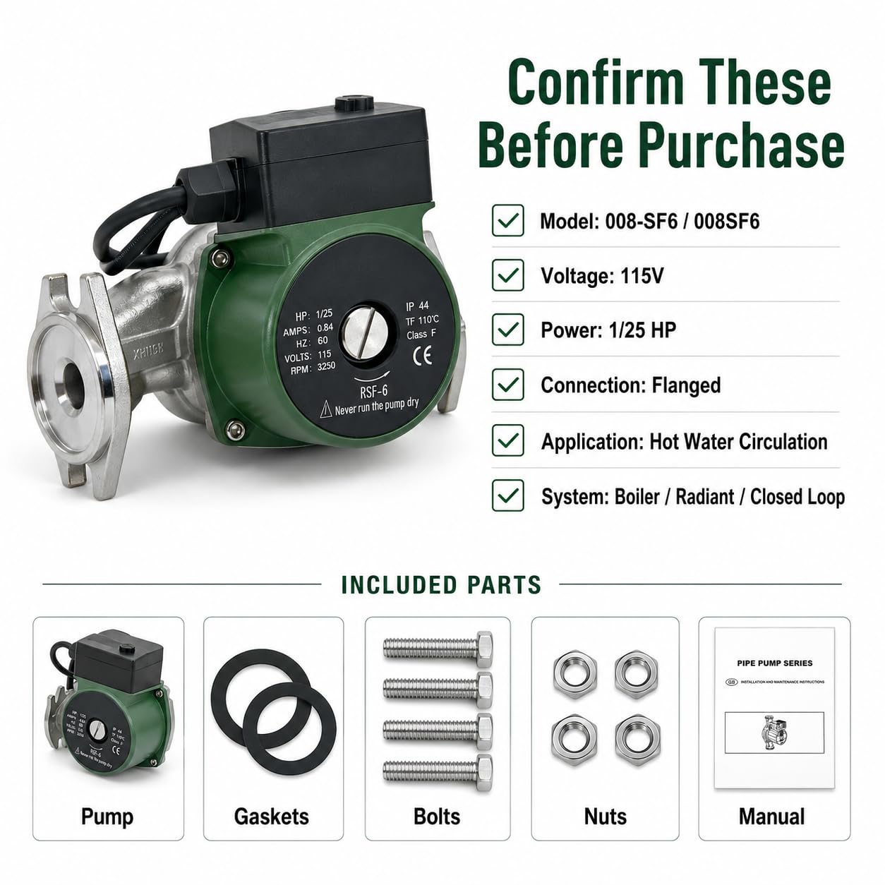 008-SF6 Hot Water Recirculation Pump 1/25 HP 115V 14 GPM 125 PSI 3250 RPM Flanged Stainless Steel Circulator Pump Compatible with Taco for Boiler Radiant Heating & Closed Loop System Replace 008SF6