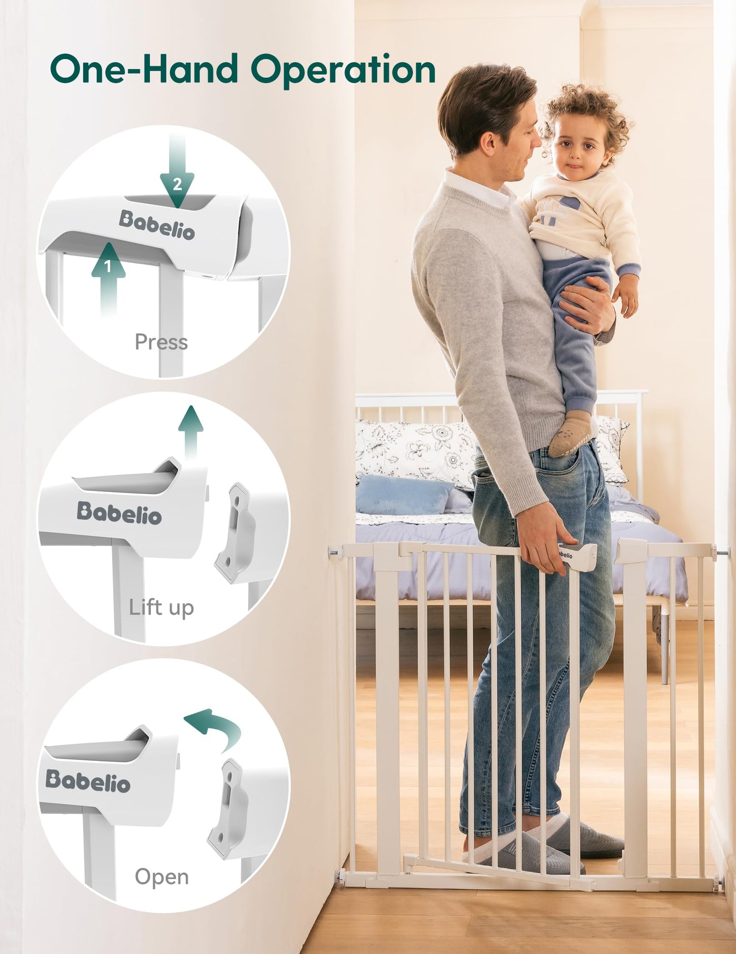 Babelio 29-55 Inch Extra Wide Baby/Dog Gate, PressGuard P7, Metal Auto Close, Pressure Mounted Pet Door for Doorways, NO Need Tools and Drilling, with Wall Cups, White