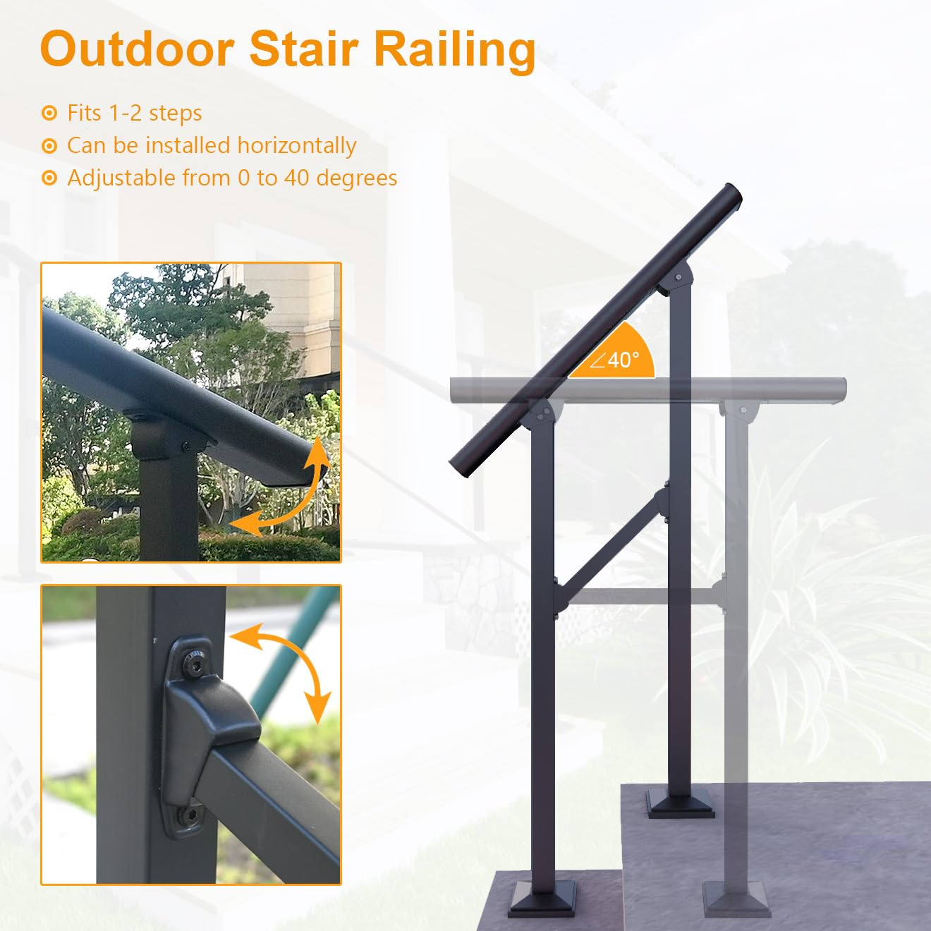 DIYHD 5 Step Handrail for Outdoor,Powder Coated Iron Stair Railing,Black Hand Rails for Indoor, Porch,Deck,2 Pack