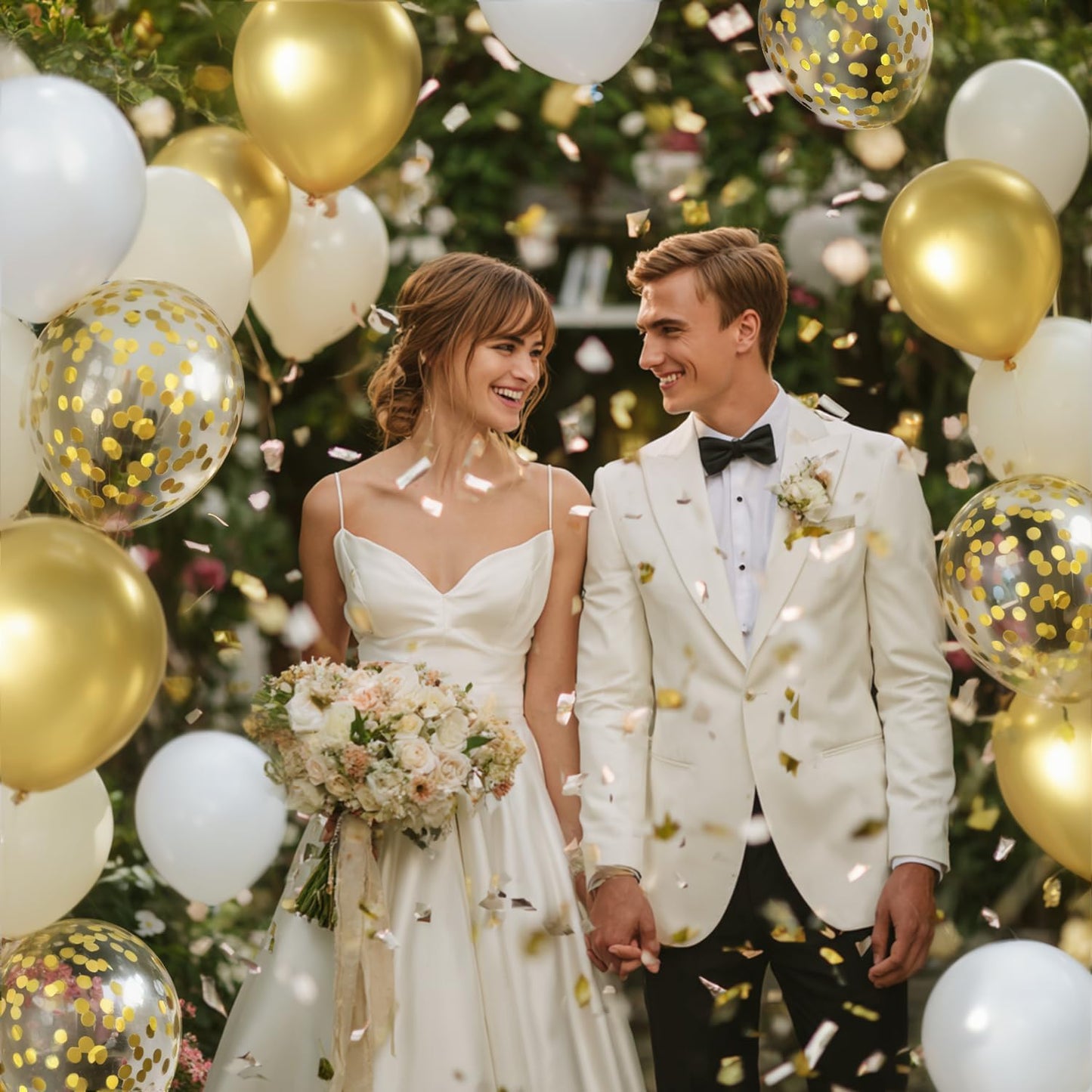 Skiennix White and Gold Confetti Balloons - 50pcs 12 Inch Metallic Latex for Celebrations