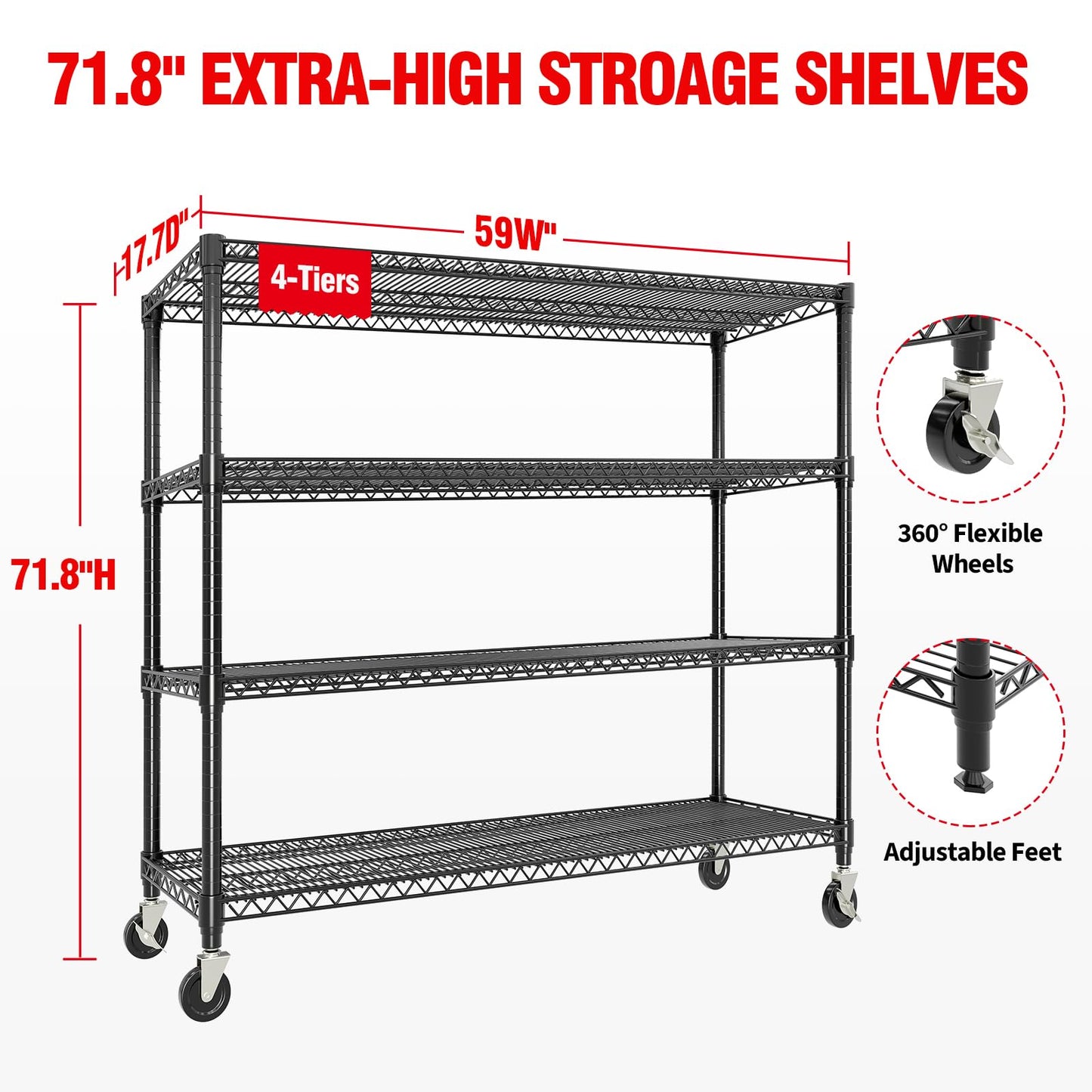 Metal Shelving Unit with Wheels, 72"H x 59"W x 17.7"D Garage Storage Shelves 4-Tier, Heavy Duty 2640LBS, Adjustable, Industrial Wire Rack Shelving Organizer, for Basement Home Office Kitchen, Black