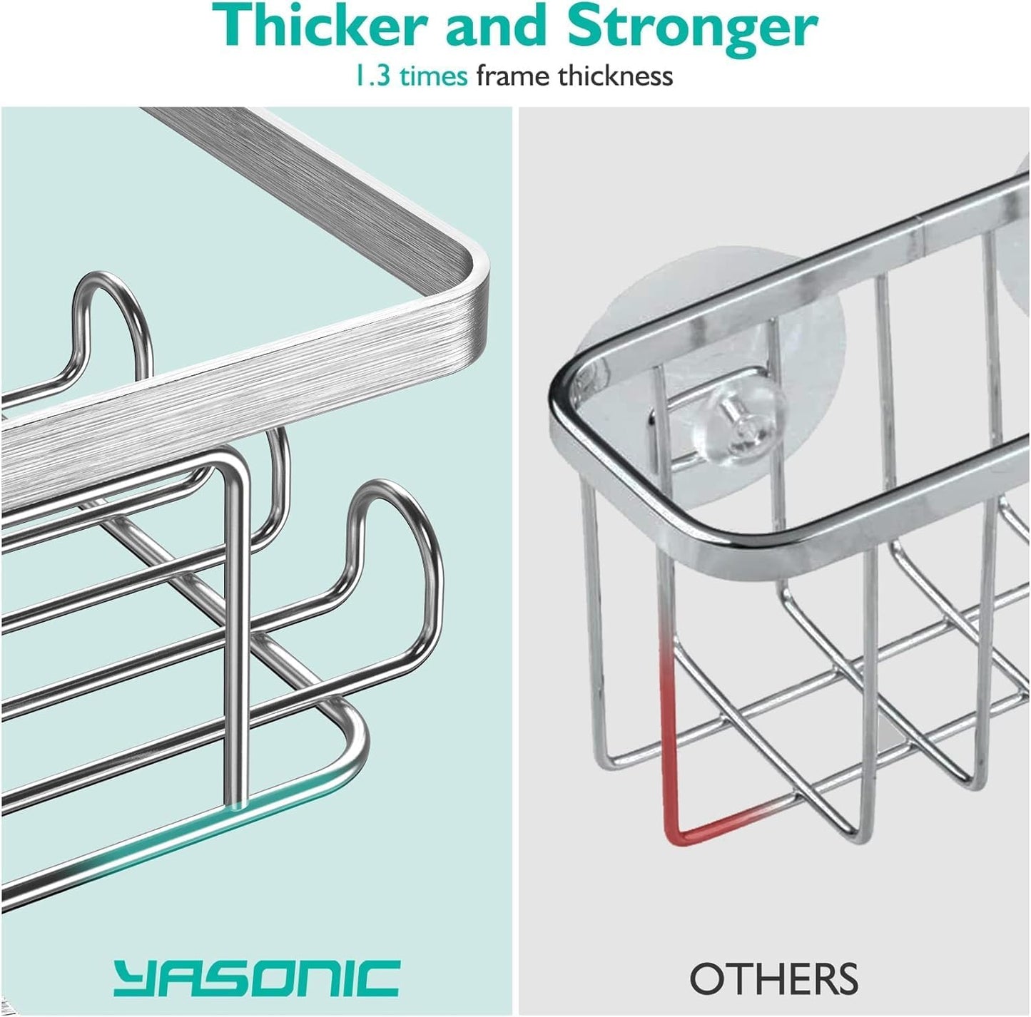 YASONIC Shower Caddy - Rustproof Stainless Steel Bathroom Organizer with Soap Holder & 12 Hooks | Brushed Silver, 3-Pack