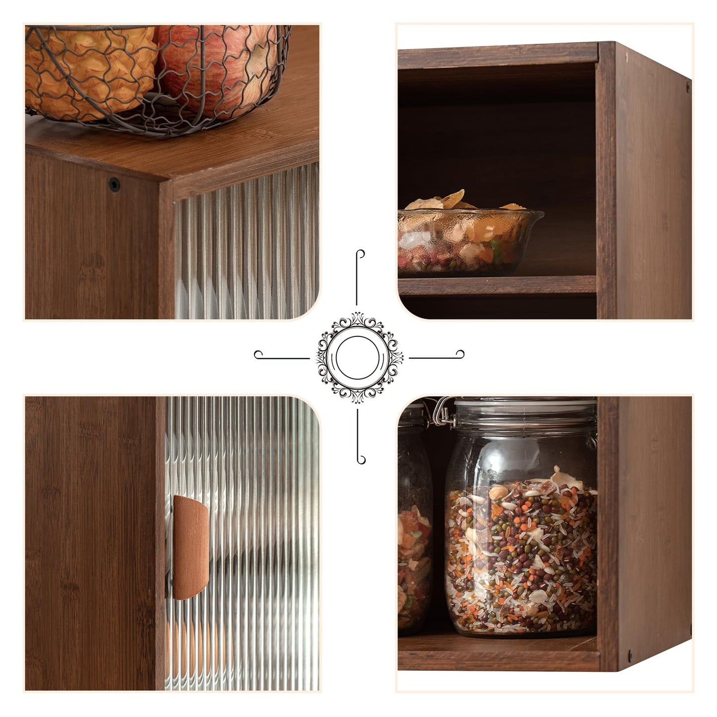 HollyHOME Bamboo Wall Mounted Kitchen Sideboard with 2 Glass Doors and Adjustable Shelves, Freestanding Wall Storage Cabinet with Side Shelf for Bottle, Dish, Bowl, Console Dining Cupboard, Walnut