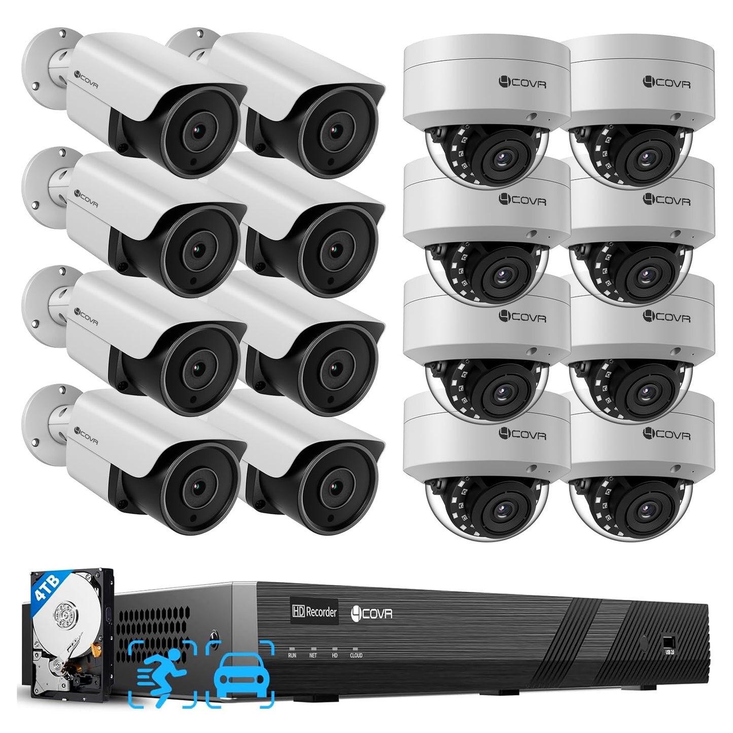 4COVR 16 Channel PoE Security Camera System, Human Vehicle Detection, Night Vision, 8 Dome IK10 Vandal-Proof 8 Bullet 8MP Wired IP Camera IP67 Commercial, 4K NVR 4TB HDD for Business, LYH54A8M1616-1