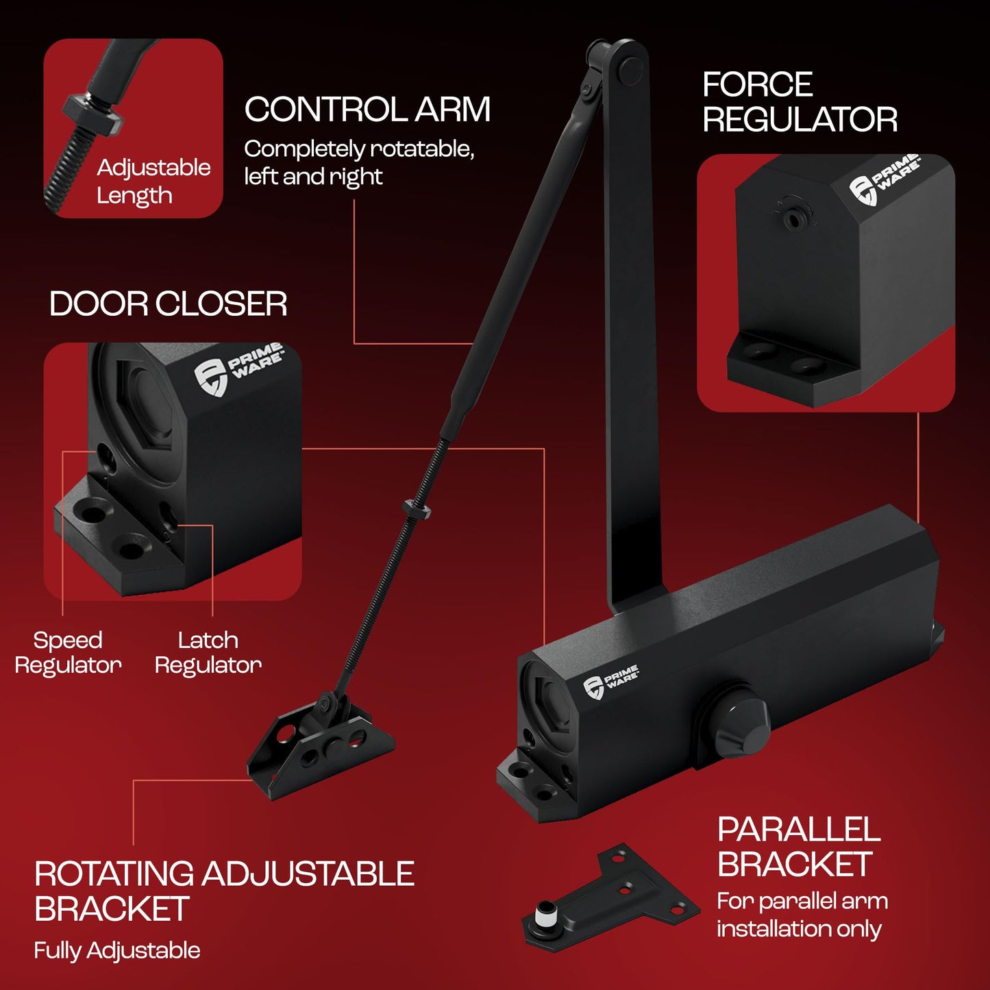 PrimeWare DC-600 Automatic Adjustable Door Closers for Home | Soft Close, No Slam | Residential and Commercial Door Closer | Level 1-6 | for Doors Weighing 30-300 lbs | Hydraulic Door Spring - Black