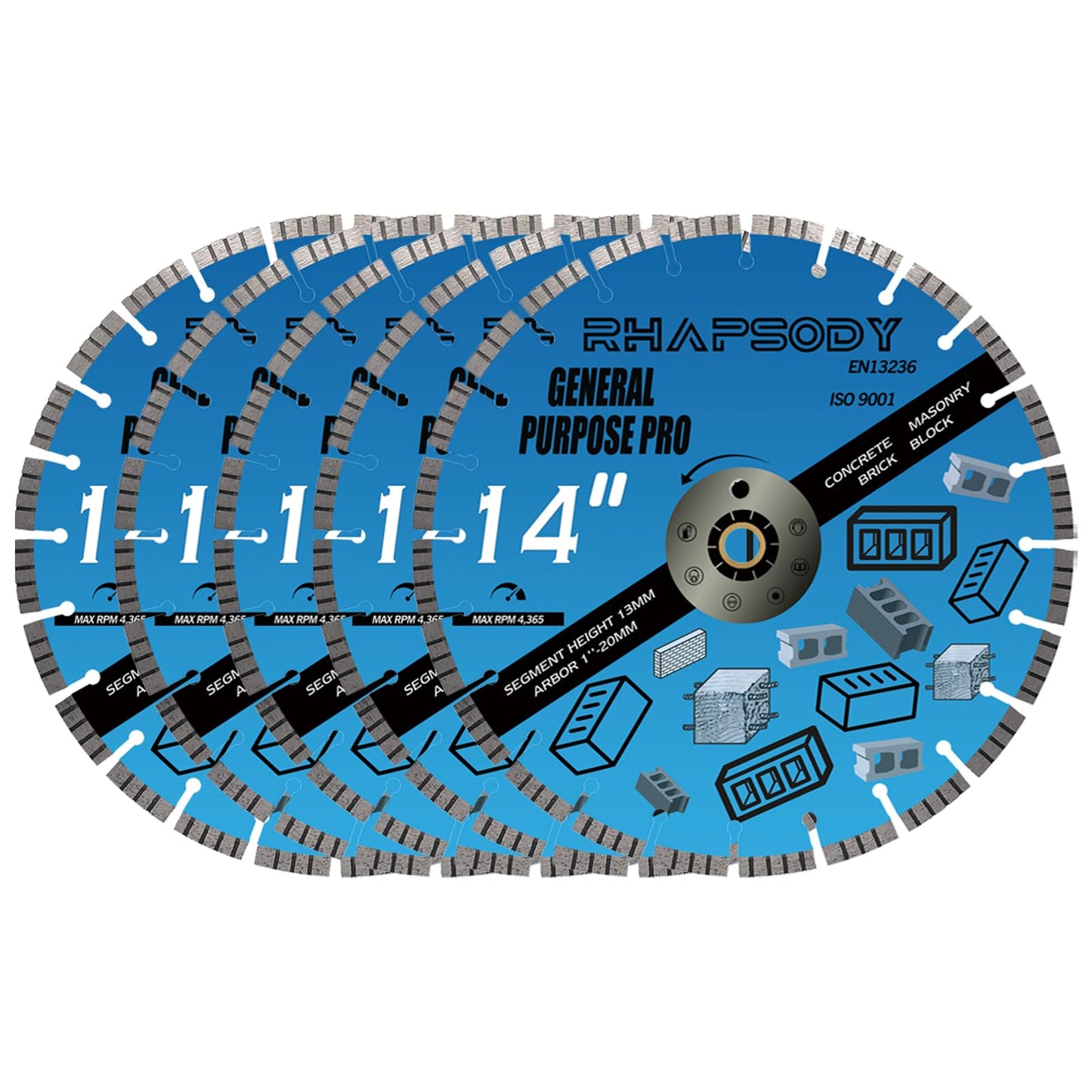 RHAPSODY 14 Inch Diamond Concrete Saw Blade 5pcs, Turbo Segmented General Purpose Blade Dry/Wet Cutting Concrete, Reinforced Concrete, Masonry, Brick, Block,1"-20mm Arbor