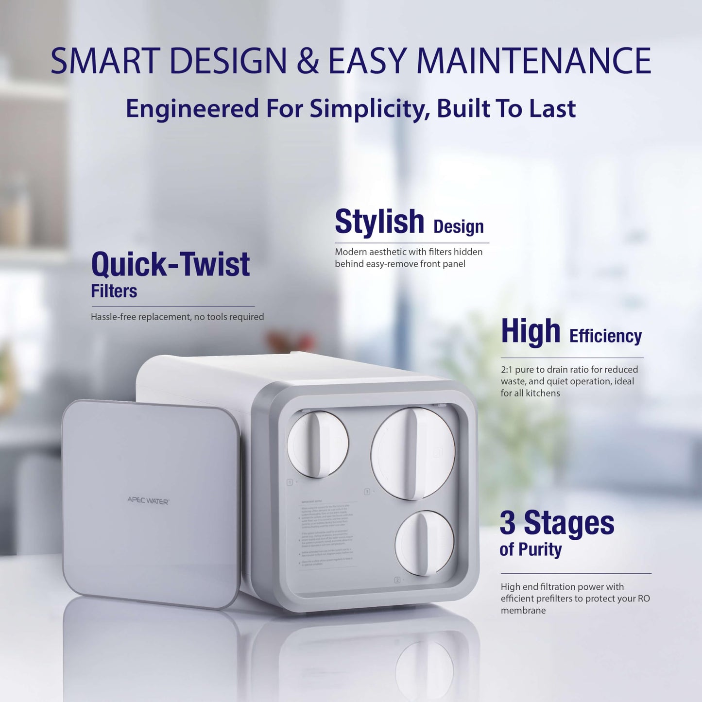 APEC Tankless Reverse Osmosis System, NSF 372 & 58 Certified 3 Stage Water Filtration Bottled Water Quality, High 1K GPD Faucet Flow, Efficient 2:1 Pure to Drain, Space Saving Design