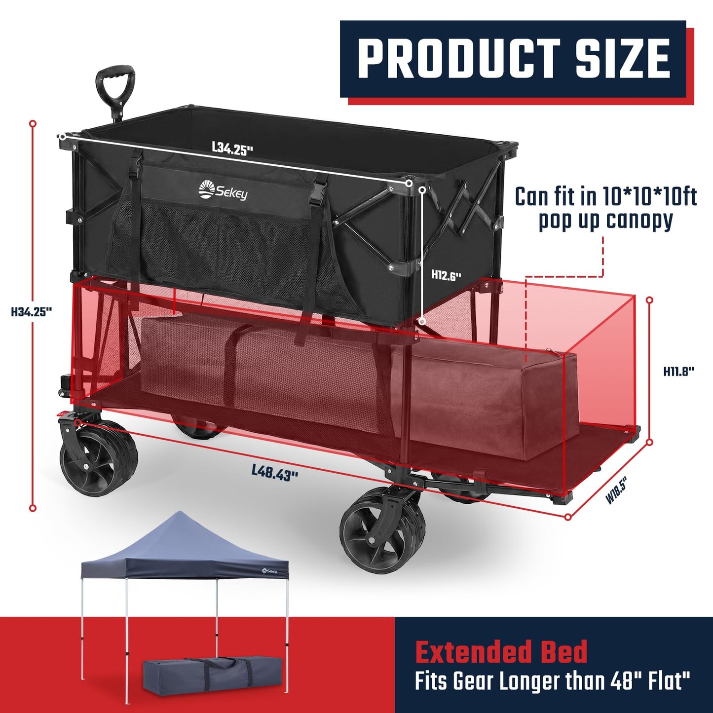 Sekey 500LBS Heavy Duty Double Decker Wagon with Extender, 400L Large Capacity Collapsible Garden Cart Fits 10x10 Canopy, All-Terrain Big Wheels with Brakes, Foldable Utility Wagon for Sports, Camping
