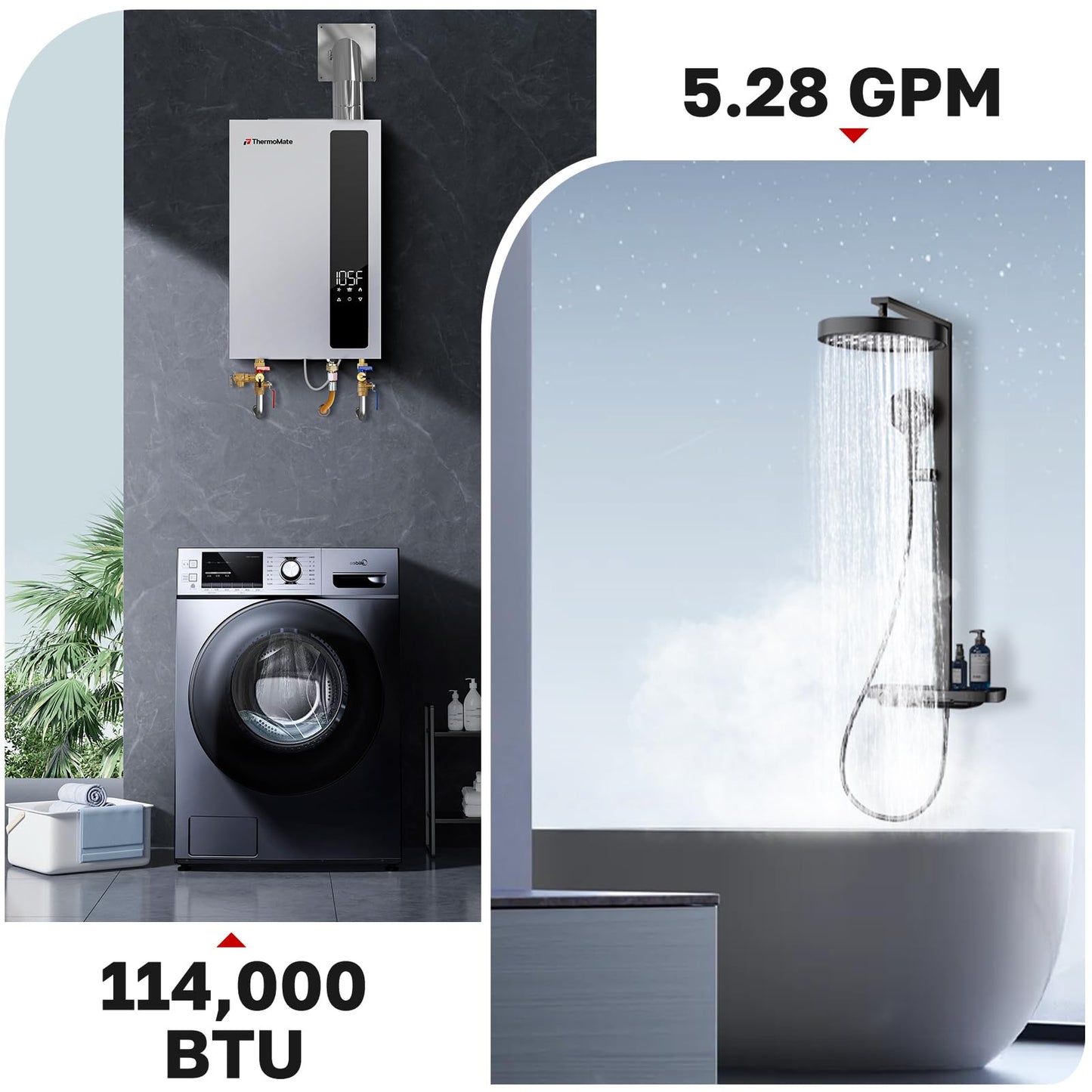 ThermoMate CZ480NG 5.28GPM Condensing Tankless Water Heater, 0.86 UEF High Efficiency Instant On-Demand Hot Water, Residential Indoor Natural Gas Water Heater with Multi-Point Heating