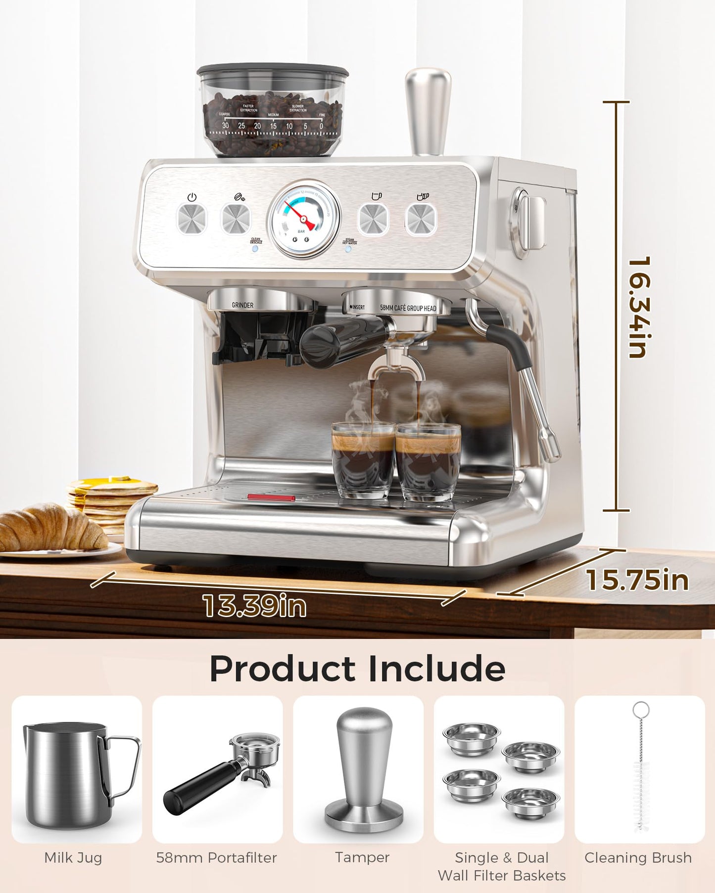 COWSAR Dual Boiler Espresso Machine with Grinder, Commercial Expresso Coffee Machines,Use Milk Frother and Brew Coffee Machine Simultaneously, Coffee Maker Cappuccino Latte, 95oz Water Tank