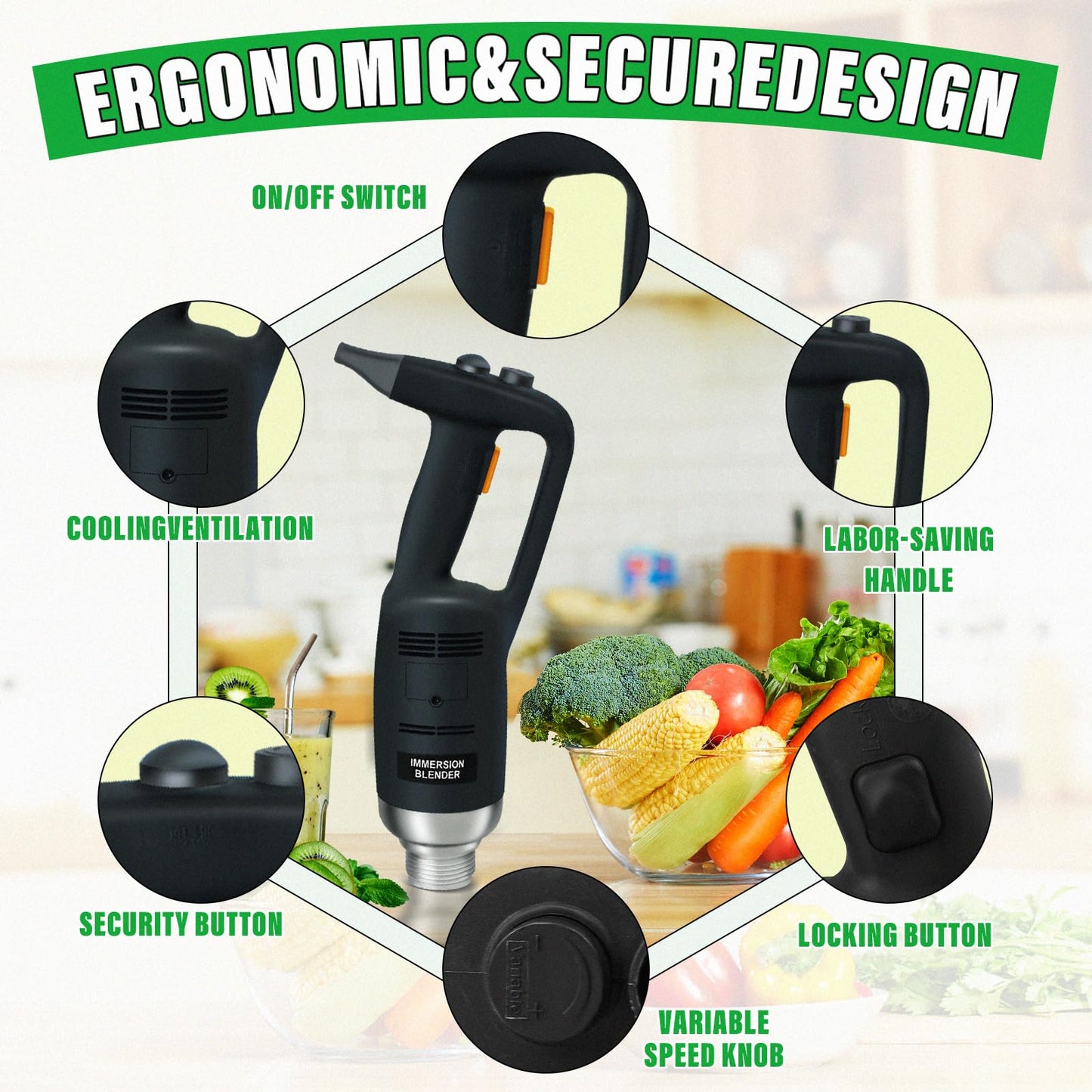 BNDHKR 10 inch Electric Immersion Blender Commercial/Home kitchen handheld Blenders 500W 4000rpm to 16000rpm Detachable Shaft Food Grade Stainless Steel for shakes soups smoothies Puree