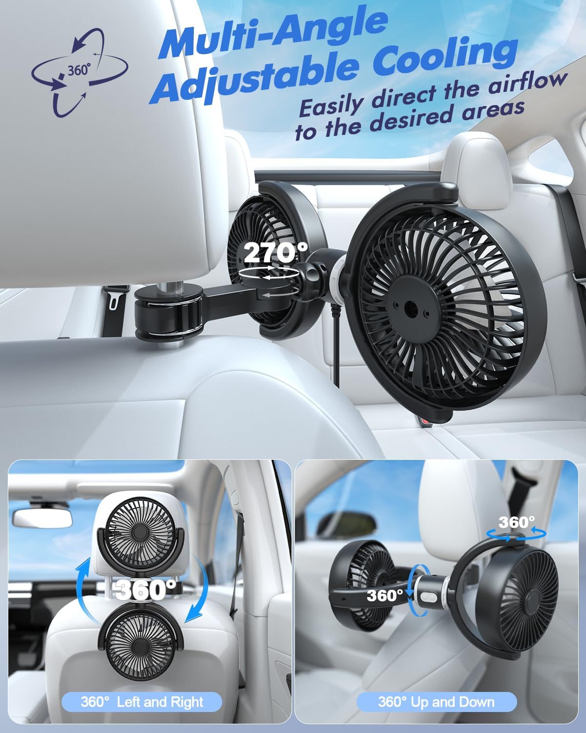 3 360 5V 2A Car Fan USB Powered for Baby: Dual Car Cooling Fans for Backseat Speed Separate Controlled Quiet Brushless