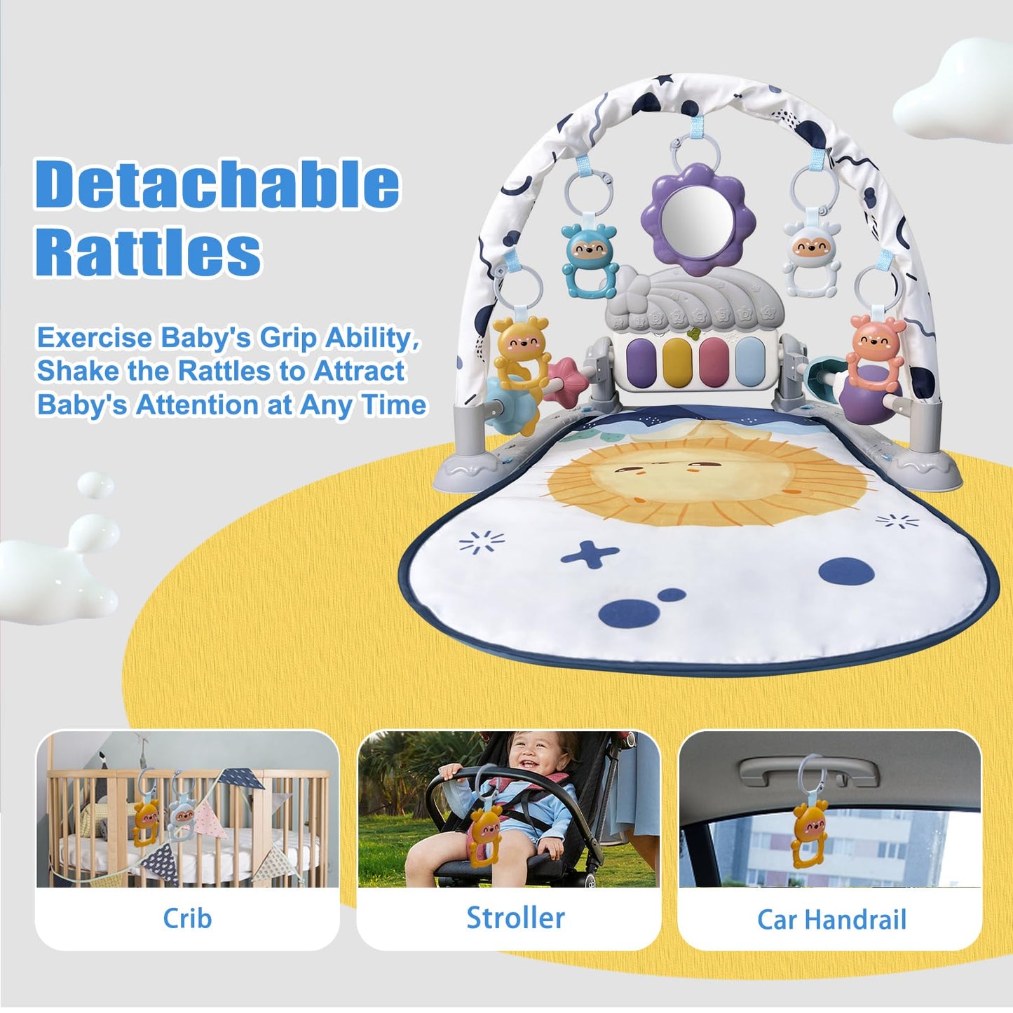 Cuterabit Baby Play Gym Mat, Baby Gym Activity Center, Kick and Play Piano with Music and Light, Tummy Time Toys for Newborn Babies Infants Boys Girls 0-3-6-9-12 Months (Grey)