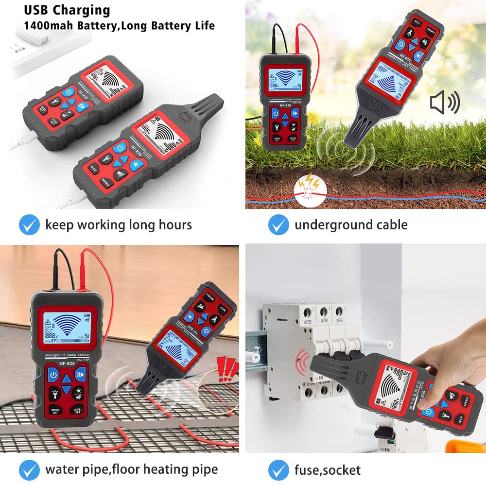 NOYAFA nf-826 Underground Cable Locator, Wire Tracking Detector, wall and Underground Pipeline Wire Detector. Fuse, Switch, Short Circuit Breaker Fault Finder/Rechargeable Underground Wire Detector