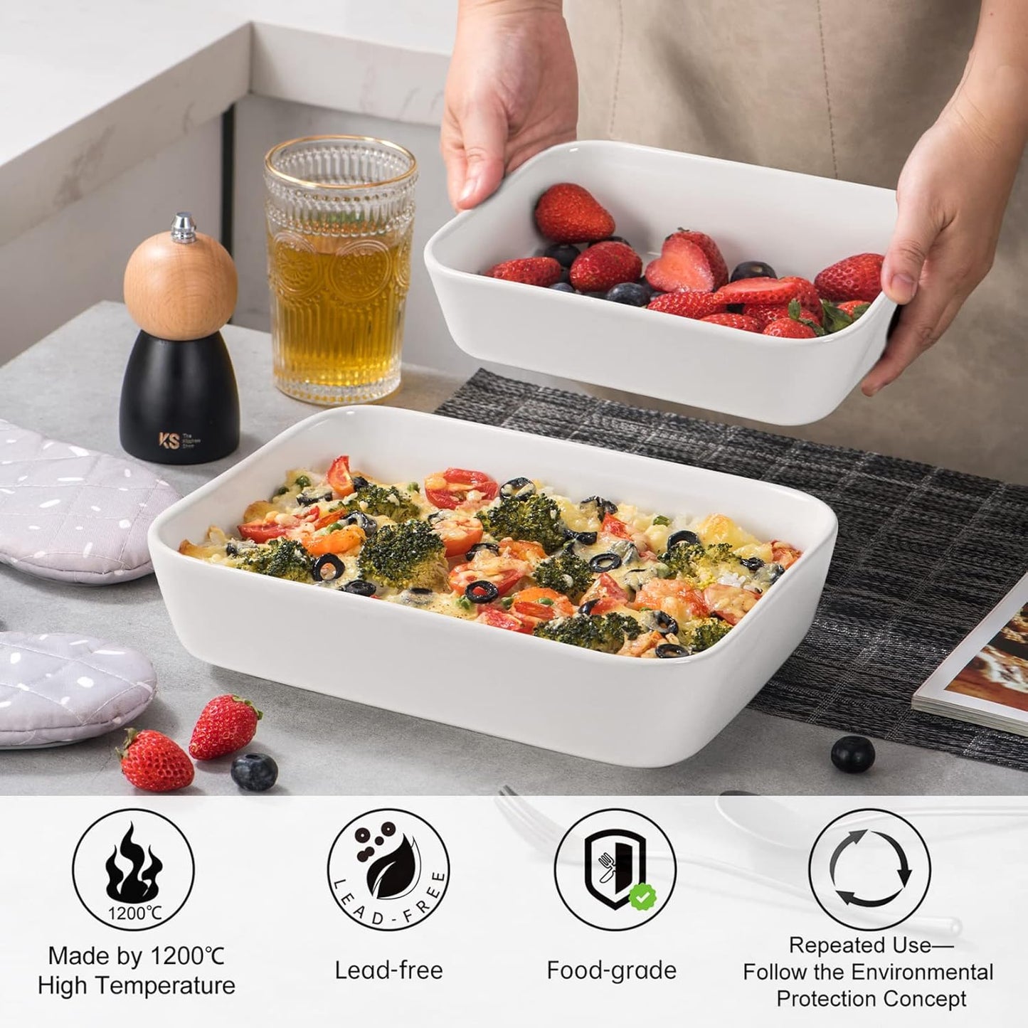 UNICASA Ceramic Oven Dishes - Set of 3 Rectangular Casserole Dishes | Non-Stick, White, 1000/2000/3500 ML