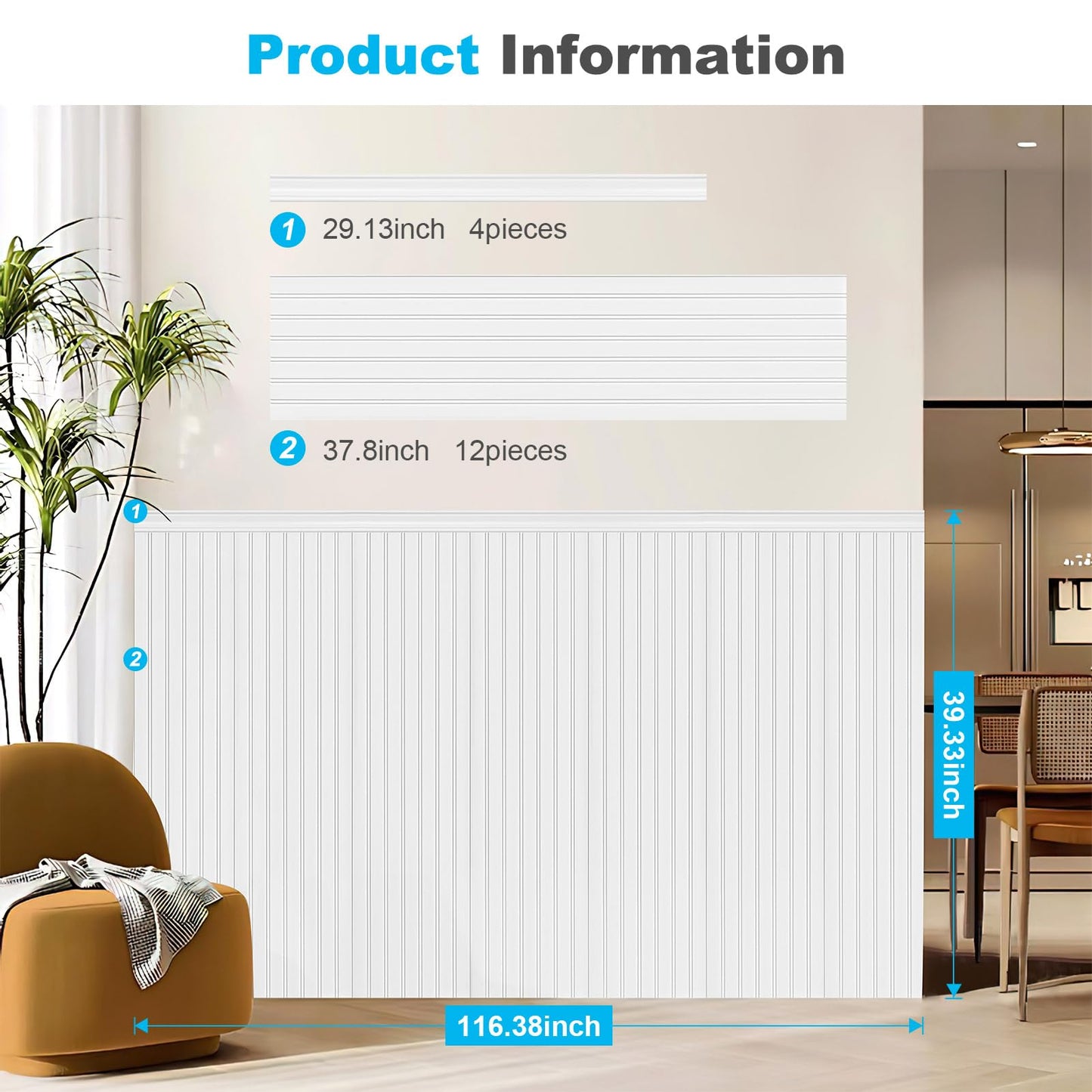 Art3d Wainscoting Wall Panel Kit, 37.8" Tall Beadboard Panels for Walls, Polystyrene Board and Batten Wall Panel Kit, Easy DIY Decorative Trim for Living Room, Kitchen, Bedroom – Covers 31 Sq.Ft